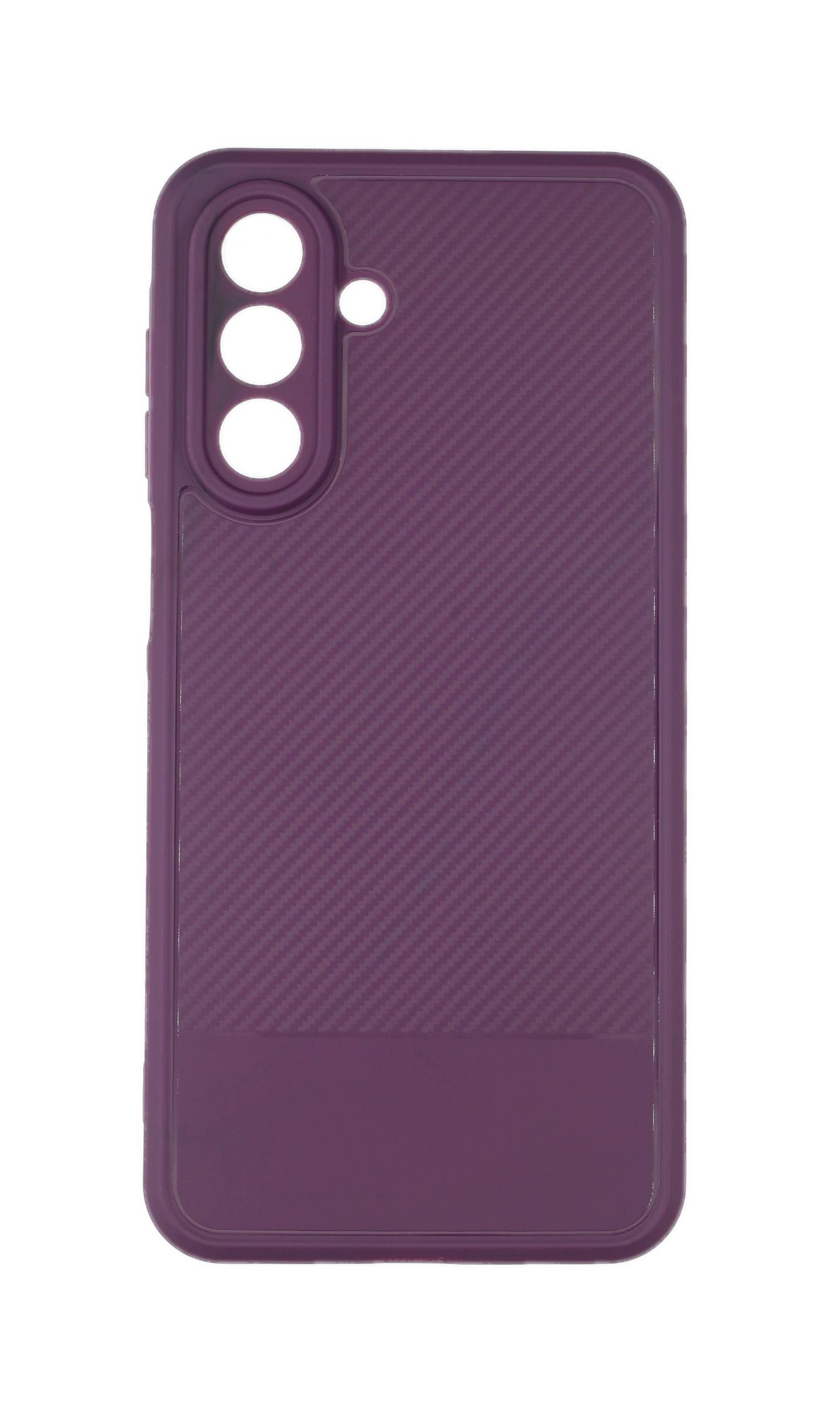 Eine violette Handyhülle mit strukturierter Oberfläche, entworfen für ein Smartphone mit drei Kameraobjektiven und einem Blitz.