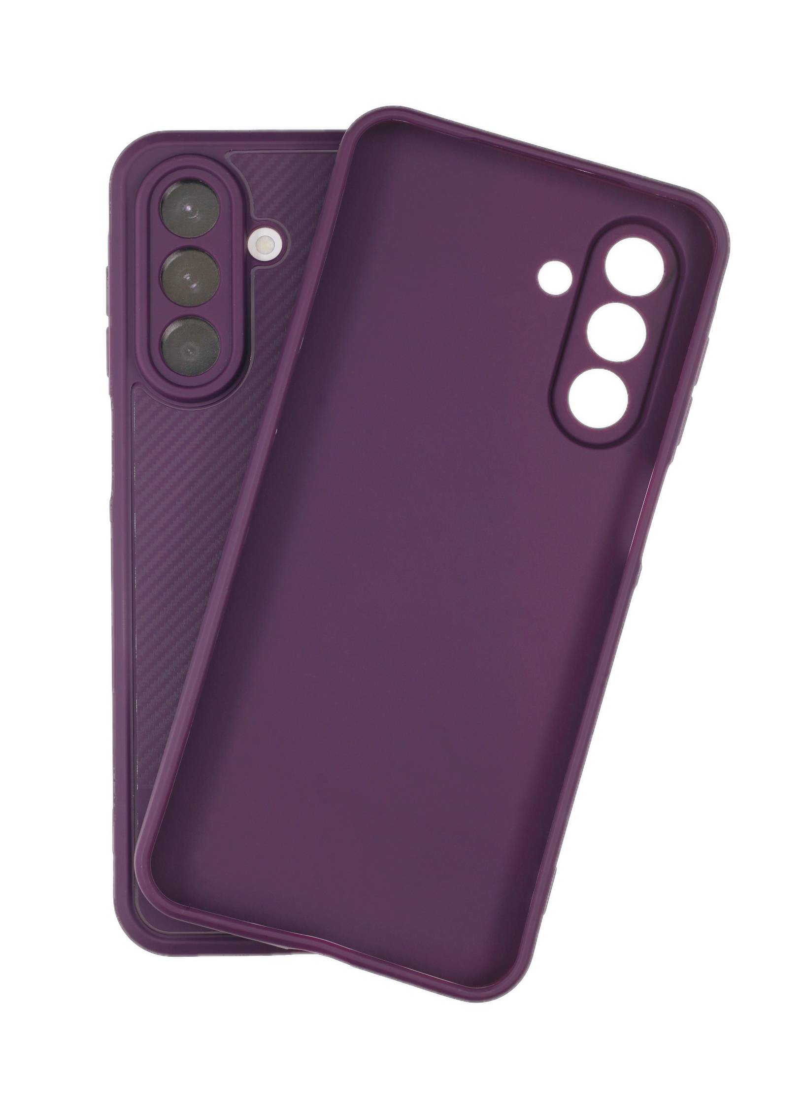 Zwei violette Handyhüllen, eine aufrecht und eine horizontal dahinter platziert, mit Kameraausschnitten, die mit einem Gerät mit Dreifachkamera kompatibel sind.