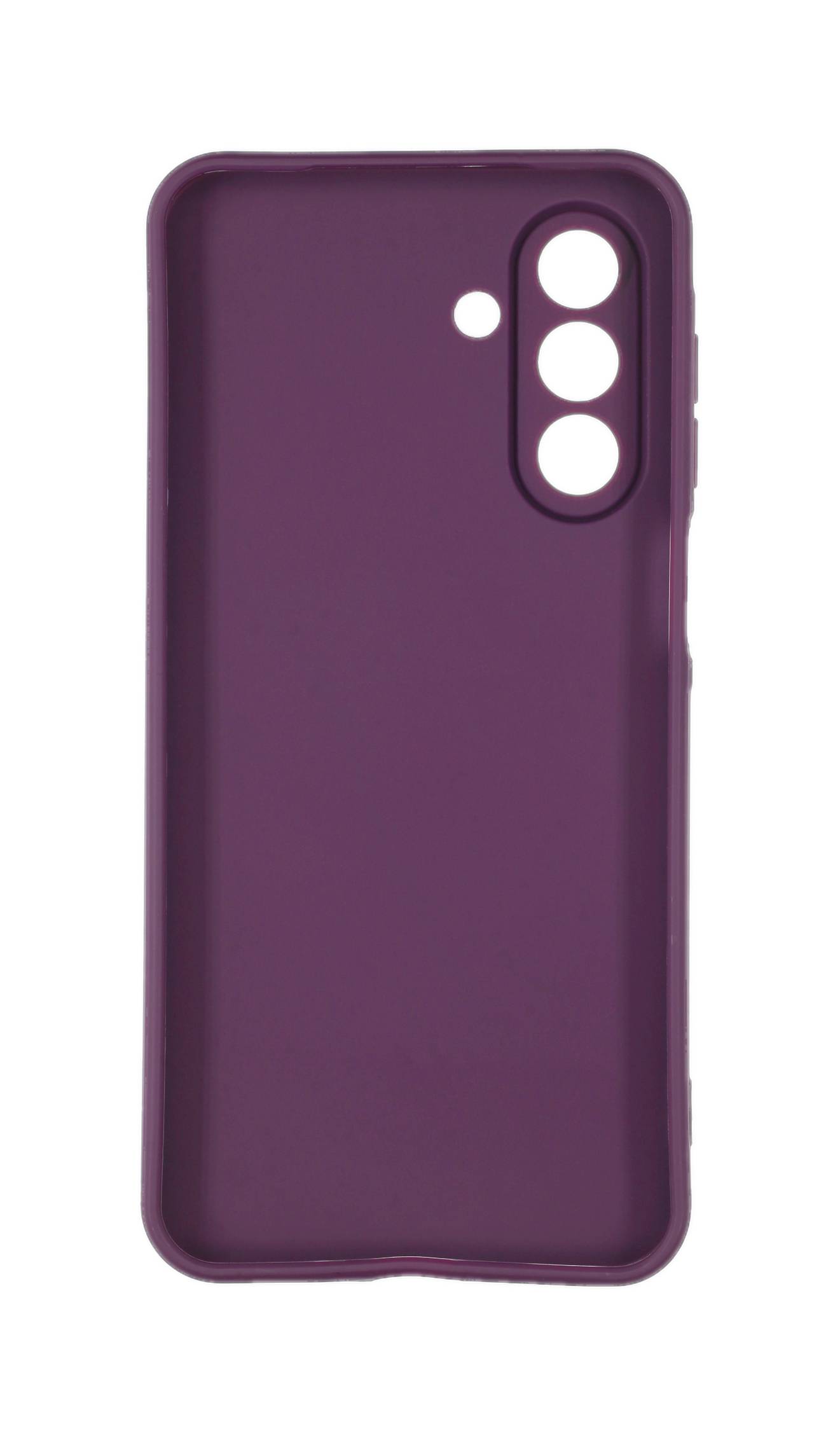 Ein lila Smartphone-Gehäuse mit Ausschnitten für drei Linsen und ein Blitzlicht auf der oberen linken Seite.