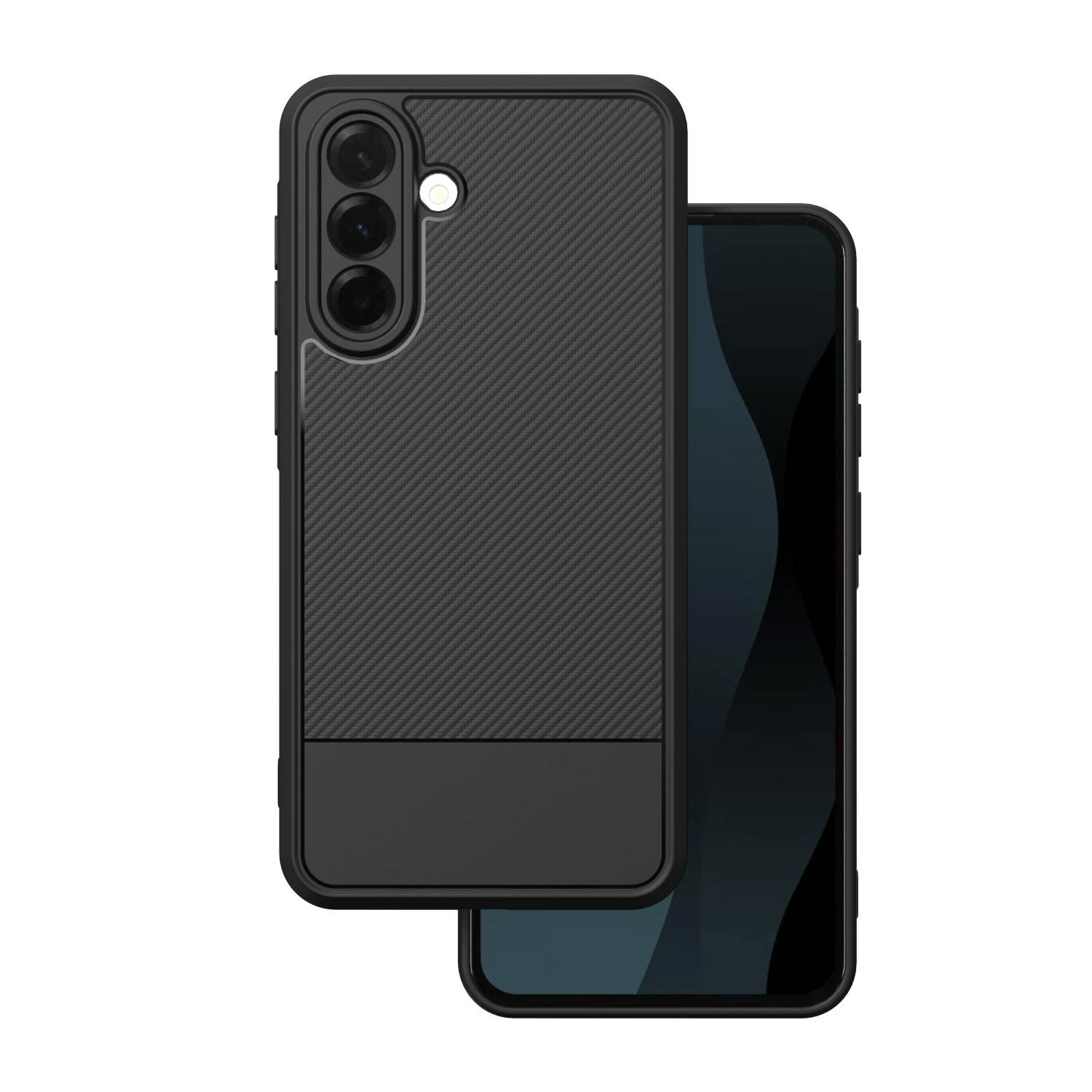 Ein schwarzes strukturiertes Handyhülle für ein Smartphone, das Kamerasausschnitte und Schutzfunktionen hervorhebt.