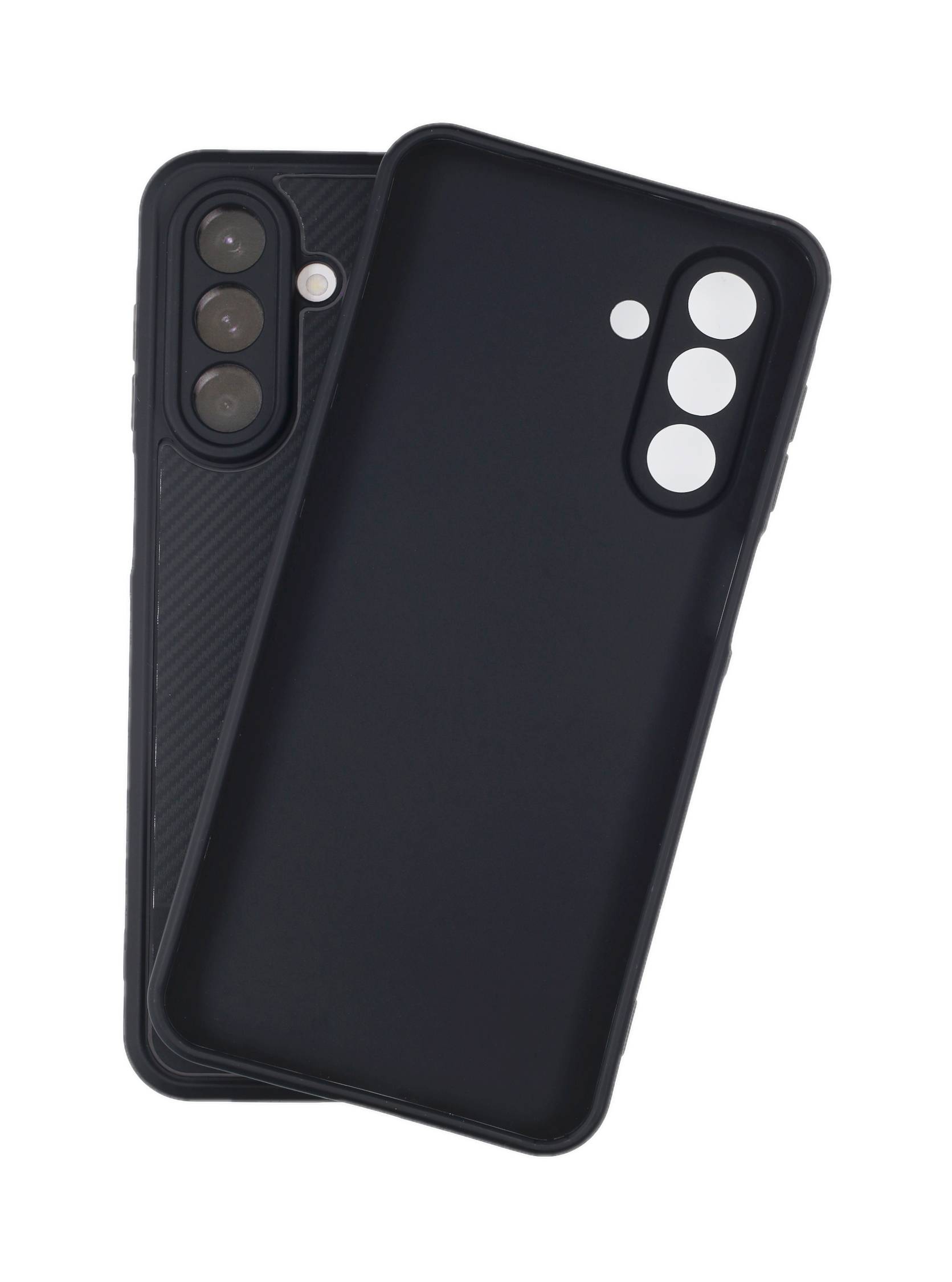Ein schwarzes Smartphone-Case mit drei Kameraaussparungen, diagonal über einem ähnlichen Case positioniert, auf weißem Hintergrund.