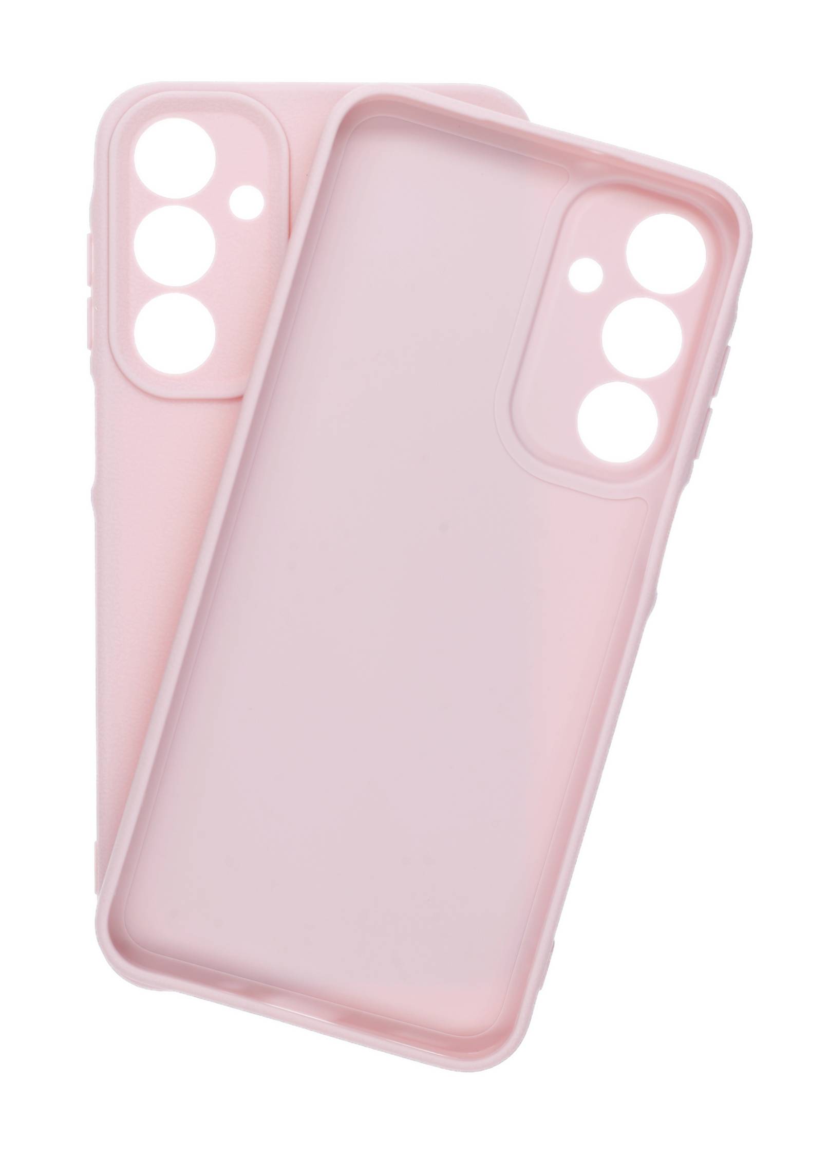 Zwei hellrosa Smartphone-Hüllen, jede mit Aussparungen für Kameraobjektive und Tasten, übereinander gestapelt.