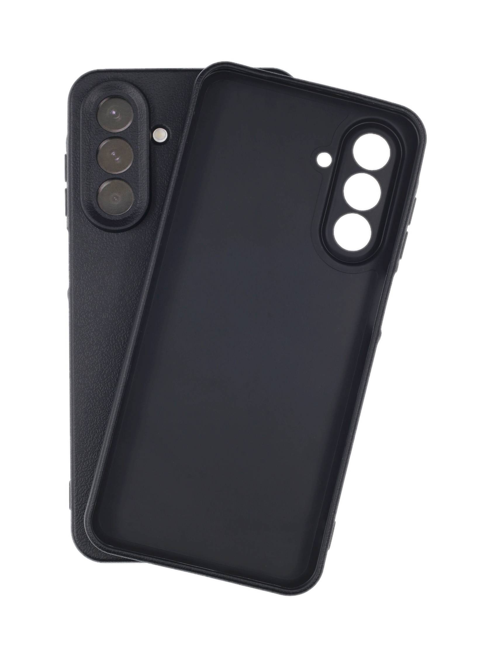 Zwei schwarze Handyhüllen mit Ausschnitten für Kameras und Tasten, eine leicht vor der anderen, die unterschiedliche Stile präsentieren.