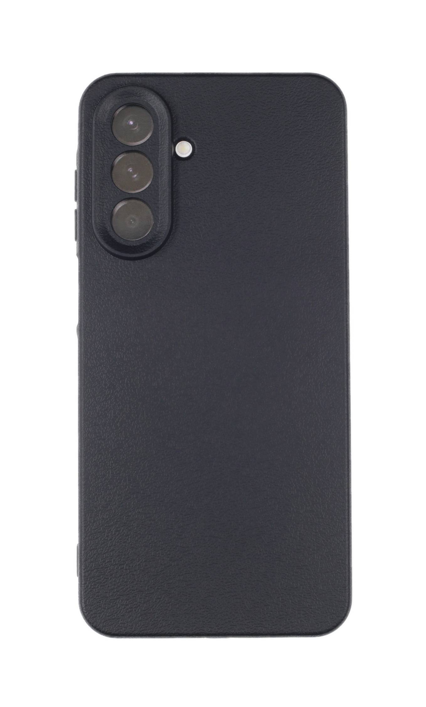 Ein Smartphone mit einer Dual-Kamera-Anordnung und einer matten schwarzen Oberfläche, das zwei Objektive und einen Blitz auf der Rückseite aufweist.