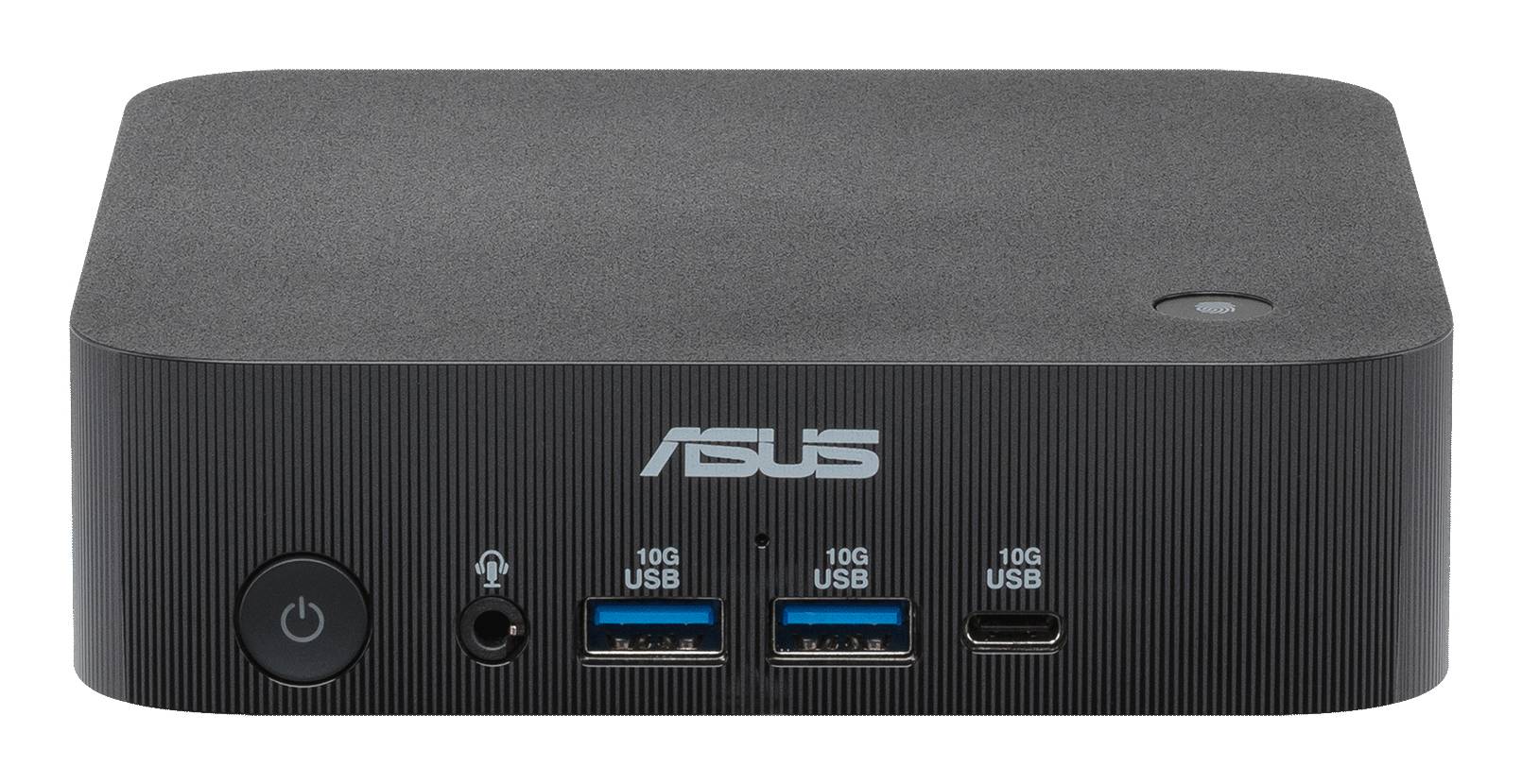 Frontansicht eines kompakten ASUS Mini-PCs mit Ein-/Ausschalter, Kopfhörerbuchse und drei USB-Anschlüssen auf der Frontblende.