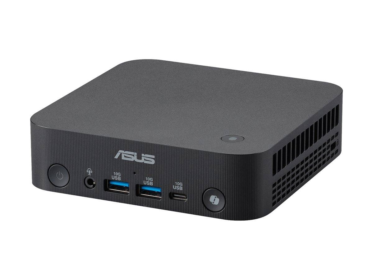 Kompakter schwarzer ASUS Mini-PC mit Ein-/Aus-Schalter, Kopfhöreranschluss, zwei USB-Anschlüssen und einem USB-C-Anschluss an der Vorderseite.