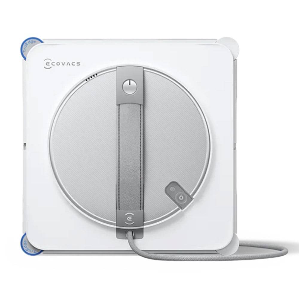 Ecovacs Fensterreinigungsroboter; weiße, quadratische Ausführung mit zentralem rundem Reinigungspad und angebrachtem Sicherheitskabel.