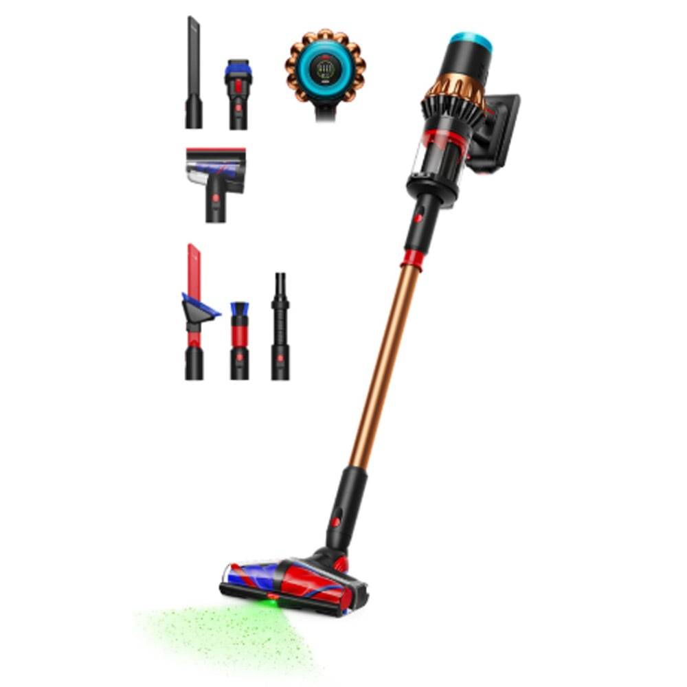 Kabelloses Staubsauger mit verschiedenen Aufsätzen, mit eleganter Optik und LED-Display, vor weißem Hintergrund positioniert.