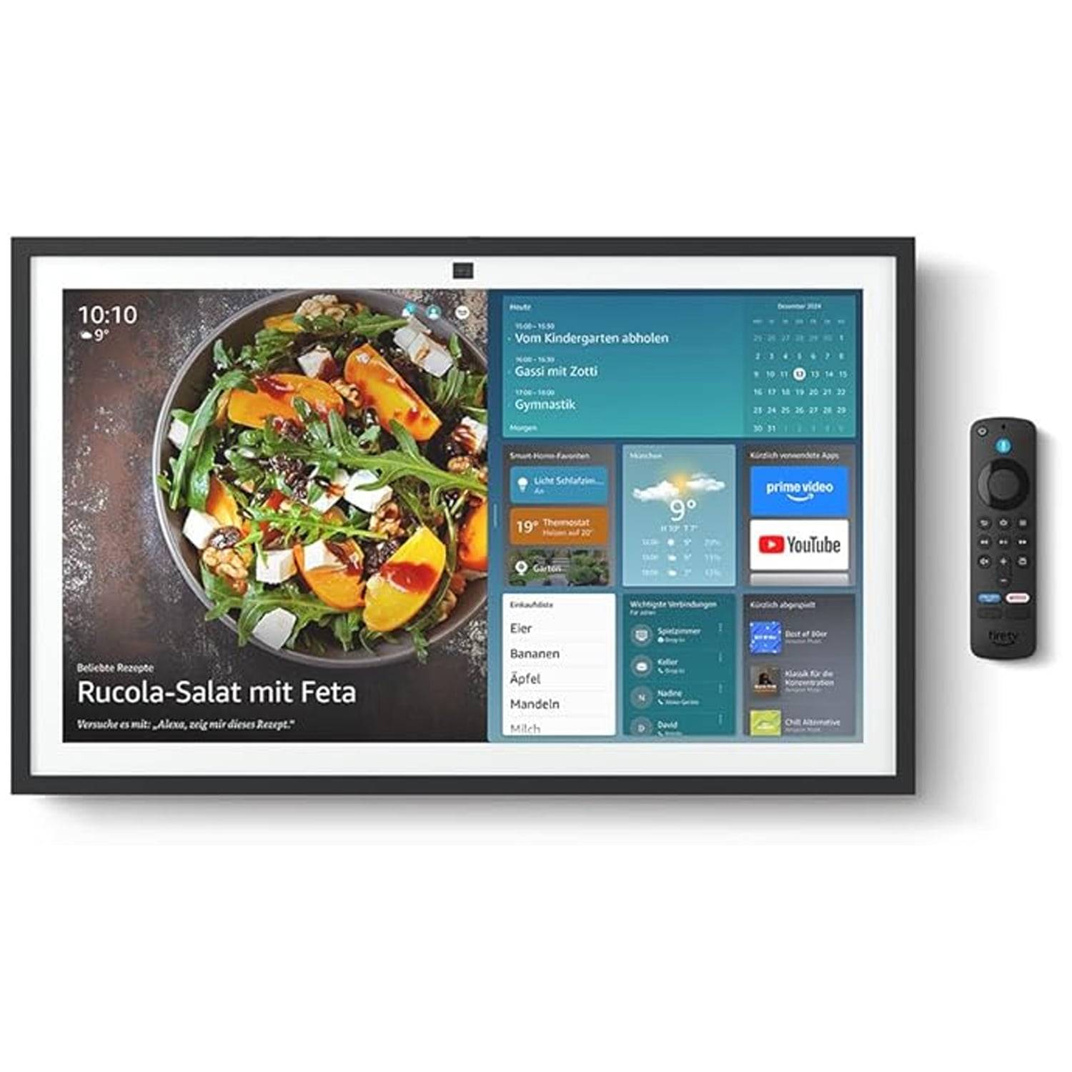 Ein intelligenter Bildschirm zeigt auf der linken Seite ein Rezept für gemischten Salat an, mit Widgets für Wetter, Nachrichten, Kalender und Apps wie Prime Video auf der rechten Seite.