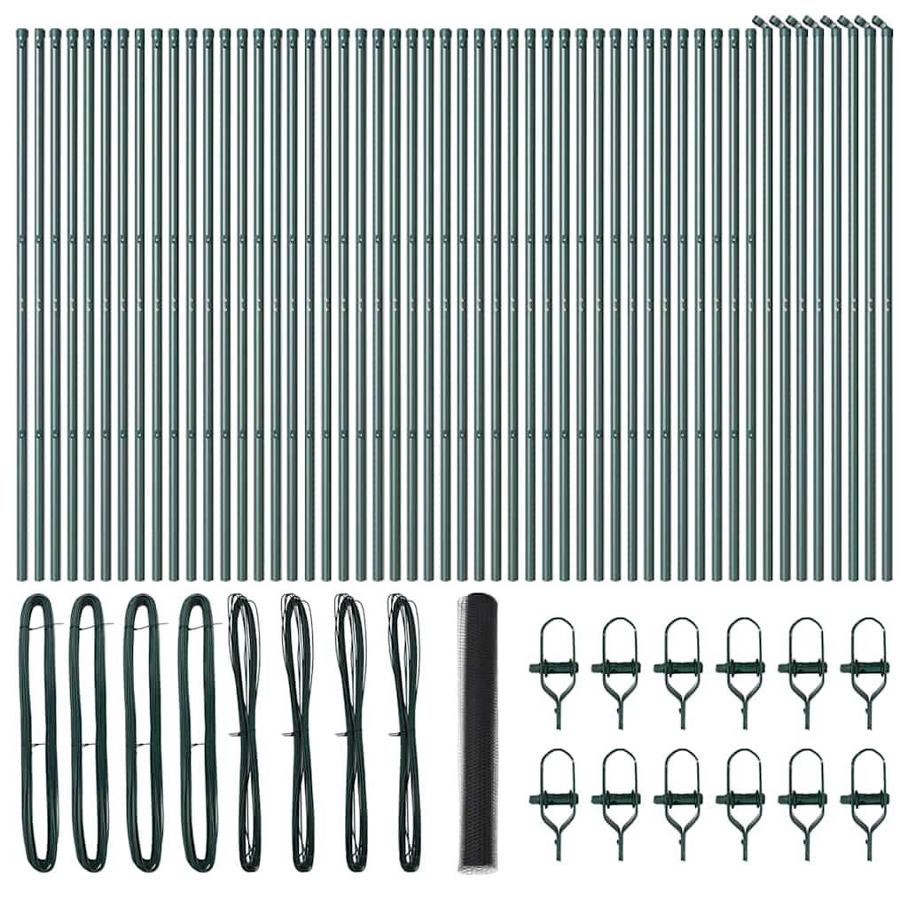 Grünes Zaunpfosten-Set mit Metallpfosten, Bindungen und Verbindungsclips für Garten- oder Hofaufbau. Enthält mehrere Teile für die Montage.
