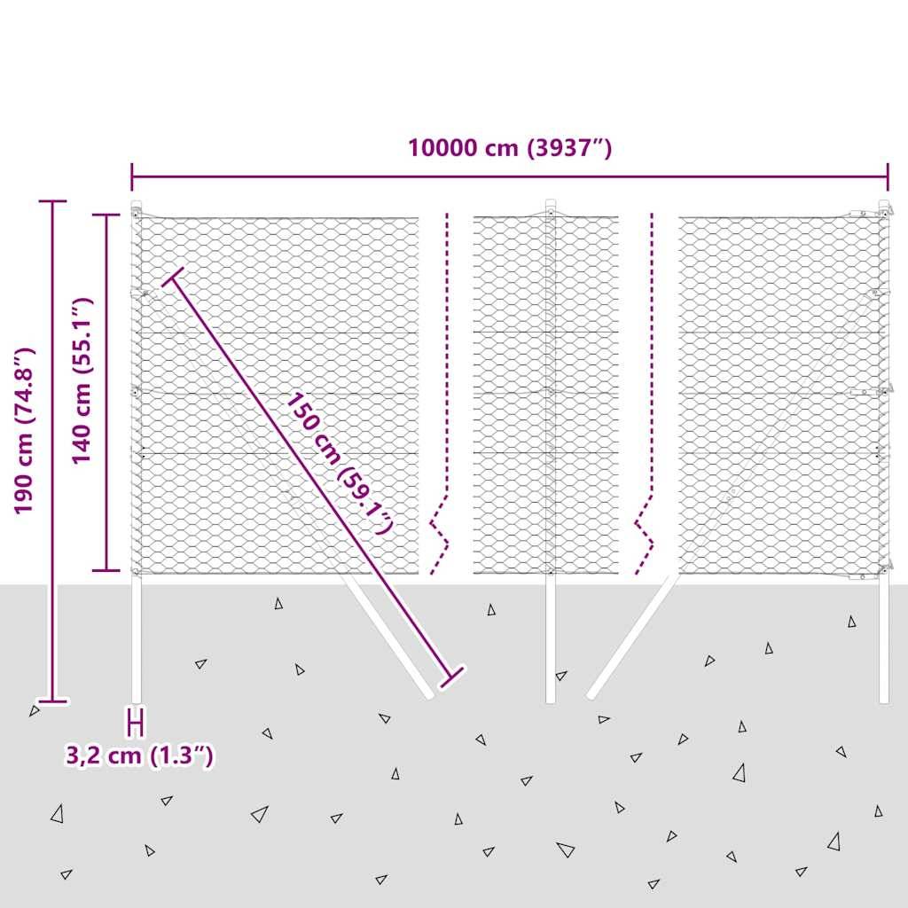 Das Bild zeigt eine Skizze eines Drahtnetzgeflechts mit einer Breite von 100 cm (39,37 Zoll) und einer Höhe von 1,50 cm (59,1 Zoll) mit einer Gesamthöhe von 140 cm (55,1 Zoll).