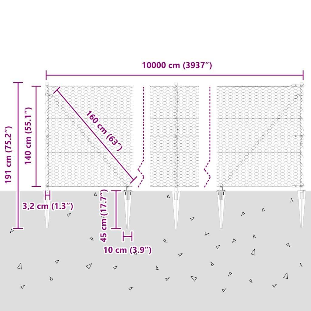 Diagramm einer Zaunstruktur mit Maßen: Breite 10.000 cm, Höhe 191 cm. Grüner Bereich gekennzeichnet. Detaillierte Pfosten- und Maschenabmessungen dargestellt.