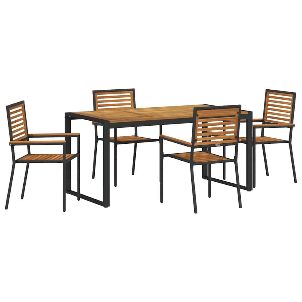Ein Essgeschirr-Set besteht aus einem rechteckigen Holztisch mit schwarzen Metallbeinen und vier passenden Holzstühlen mit Lamellenlehnen.