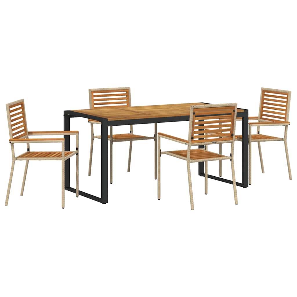Ein Holzesstisch mit schwarzem Metallrahmen, umgeben von vier passenden Holzstühlen, alle mit Lamellenlehnen und -sitzen.