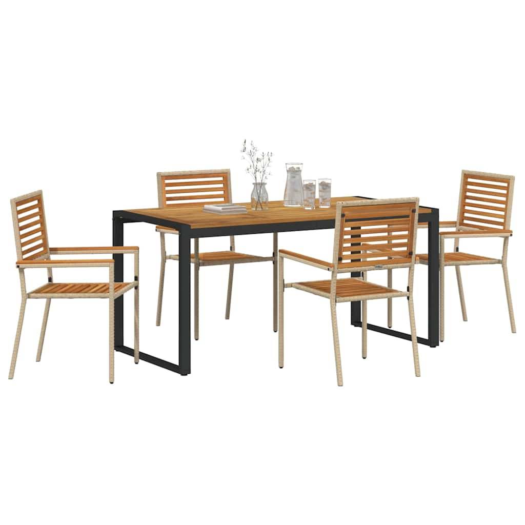 Ein modernes Gartenmöbel-Set mit einem rechteckigen Holztisch und vier passenden Stühlen, platziert auf einer Terrasse. Die Dekoration umfasst Glasflaschen und eine kleine Pflanze.