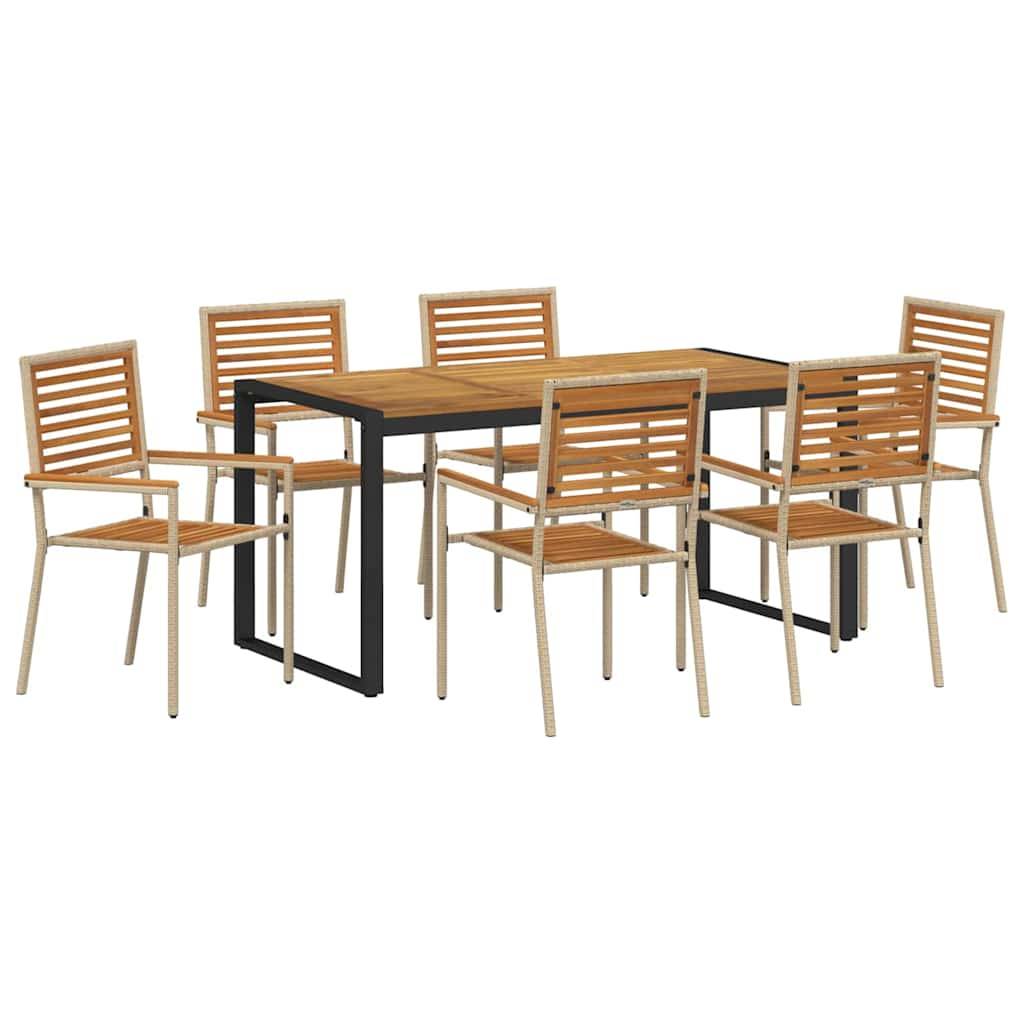 Speiseset für den Außenbereich mit einem rechteckigen Holztisch und sechs passenden Holzstühlen mit Metallrahmen, die um den Tisch herum angeordnet sind.