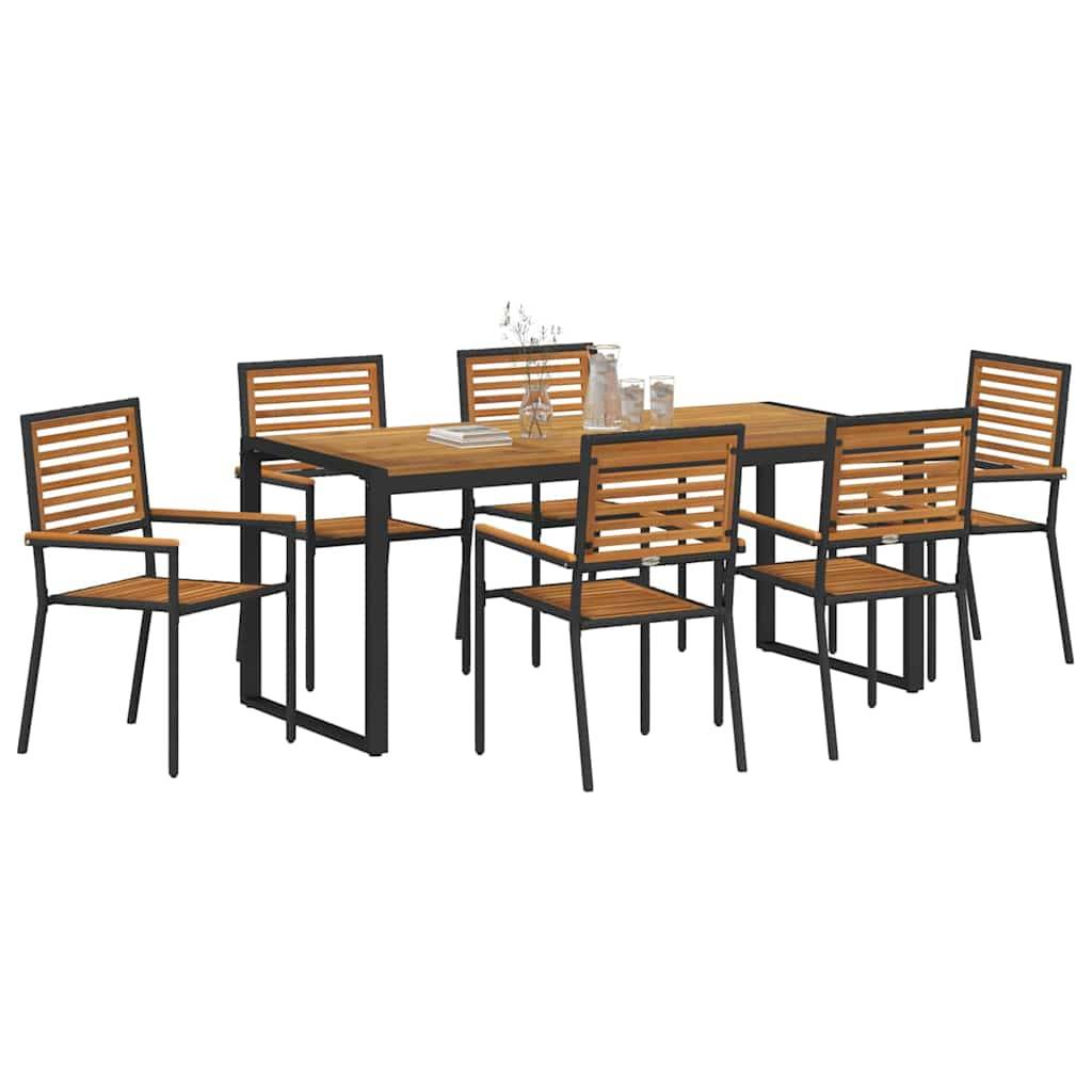 Ein Holz-Essgarnitur für den Außenbereich mit einem rechteckigen Tisch und sechs Stühlen, mit schwarzen Metallrahmen und Sitzen und Rückenlehnen aus Lamellholz.