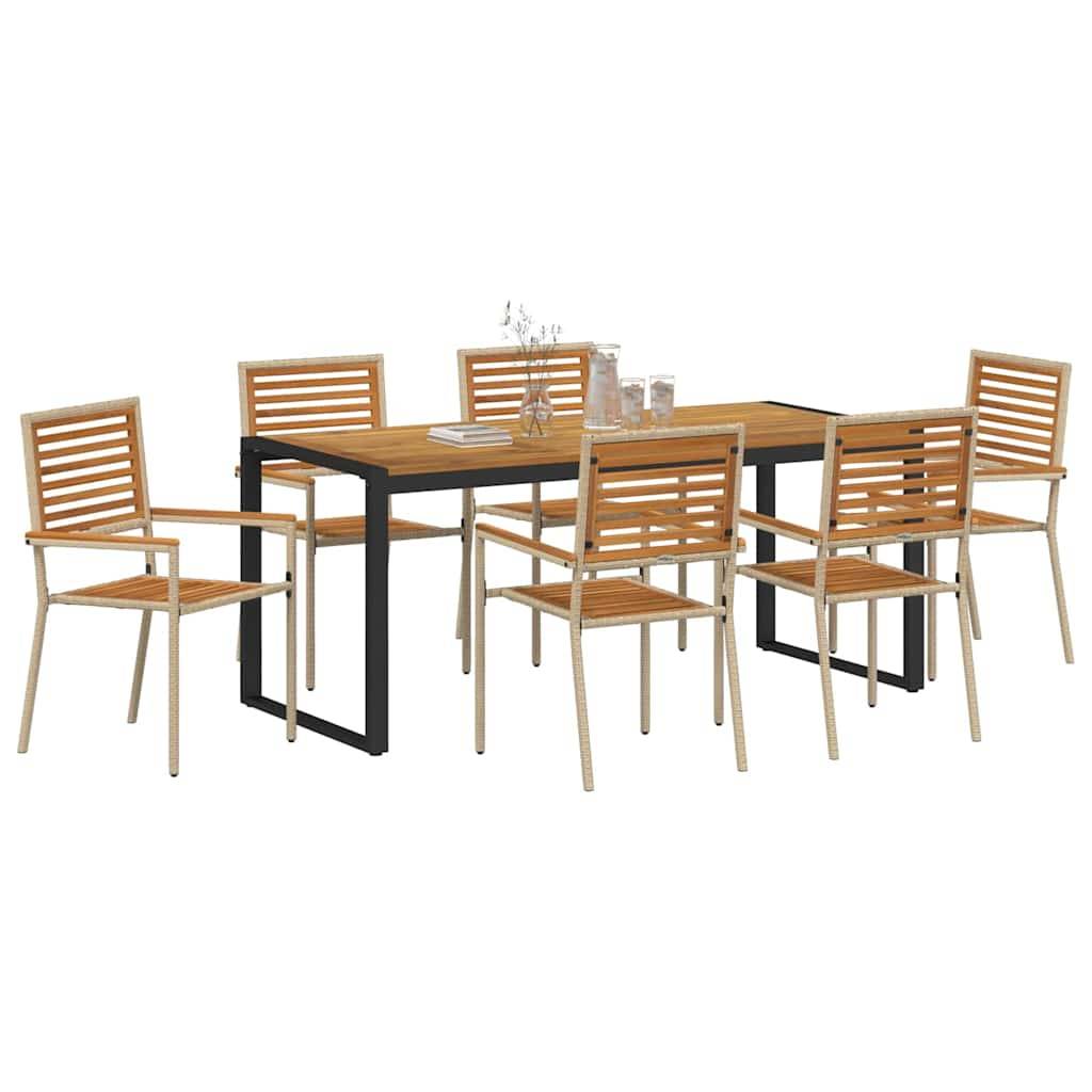 Ein Esszimmerset aus Holz mit sechs Stühlen um einen rechteckigen Tisch, mit minimalistischem Design mit Lamellenlehnen und Metallbeinen.