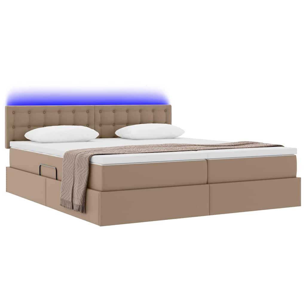 Ein modernes beiges Bett mit gepolstertem Kopfteil mit violetten LED-Lichtern, zwei weißen Kissen und einer beigen Decke, die am Fußende gefaltet ist.