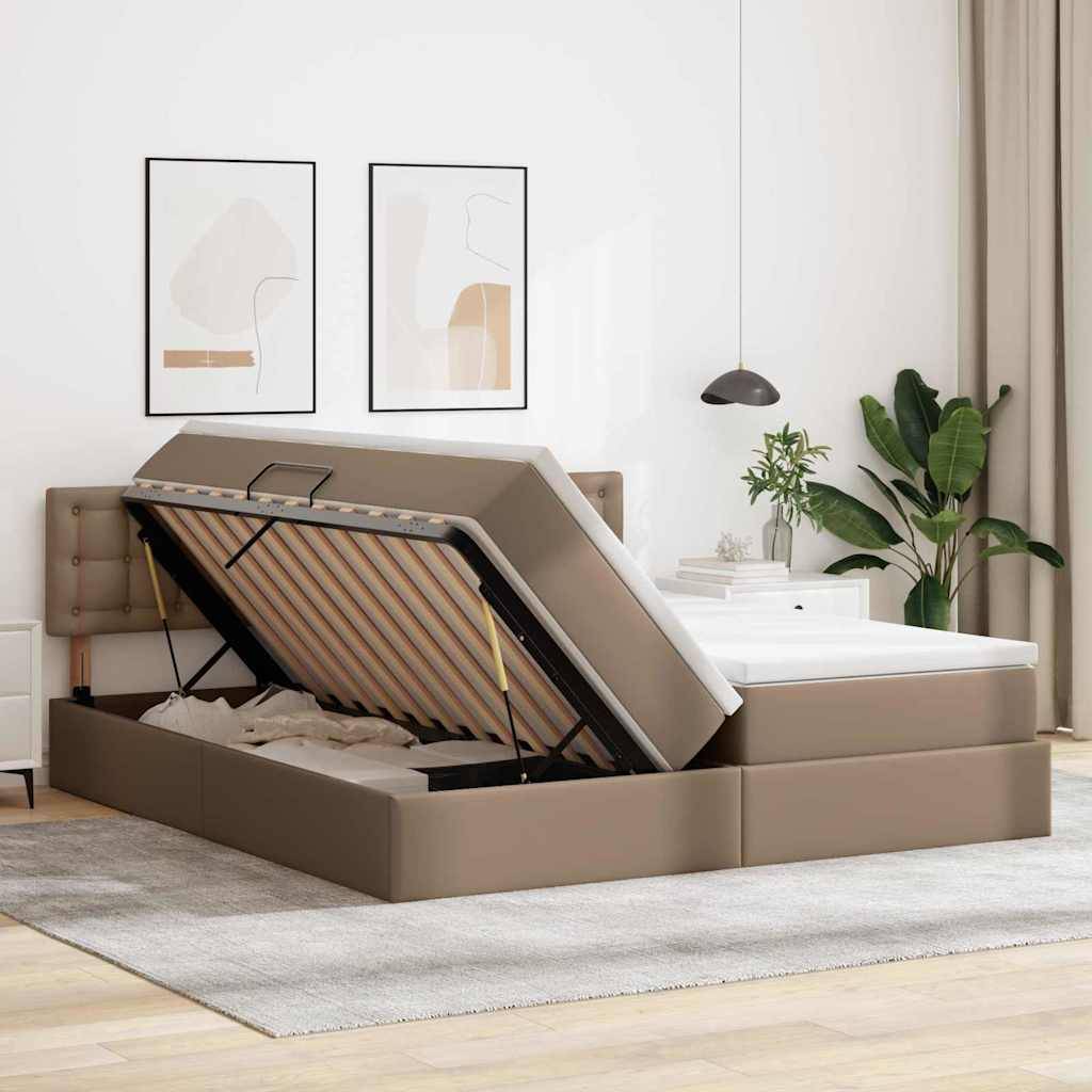 Ein modernes Schlafzimmer mit einem hochgestellten Speicherbett, das viel Platz darunter freilegt, mit minimalistischer Einrichtung, einschließlich abstrakter Kunst und Pflanzen.