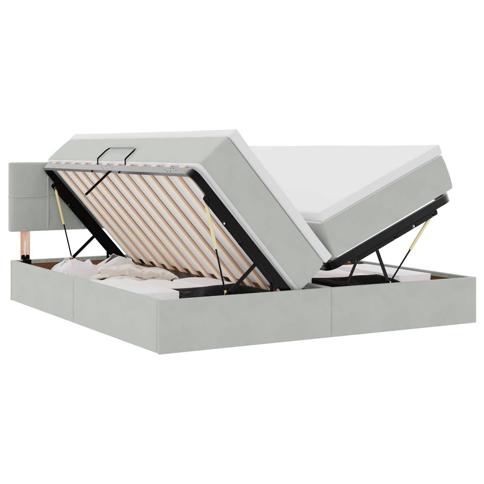 Bett mit Stauraum und offener Hydraulikliftsystem, das ein Lagerfach darunter offenbart.