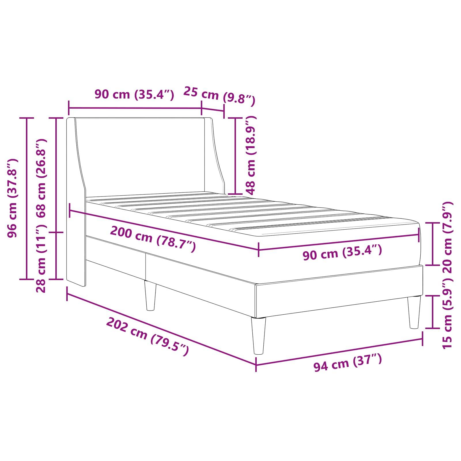 Diagramm eines Bettes mit Maßen: Breite 96 cm, Länge 202 cm und Höhe 96 cm. Zusätzliche Messungen zeigen Details zu Rahmengröße und Beingröße.