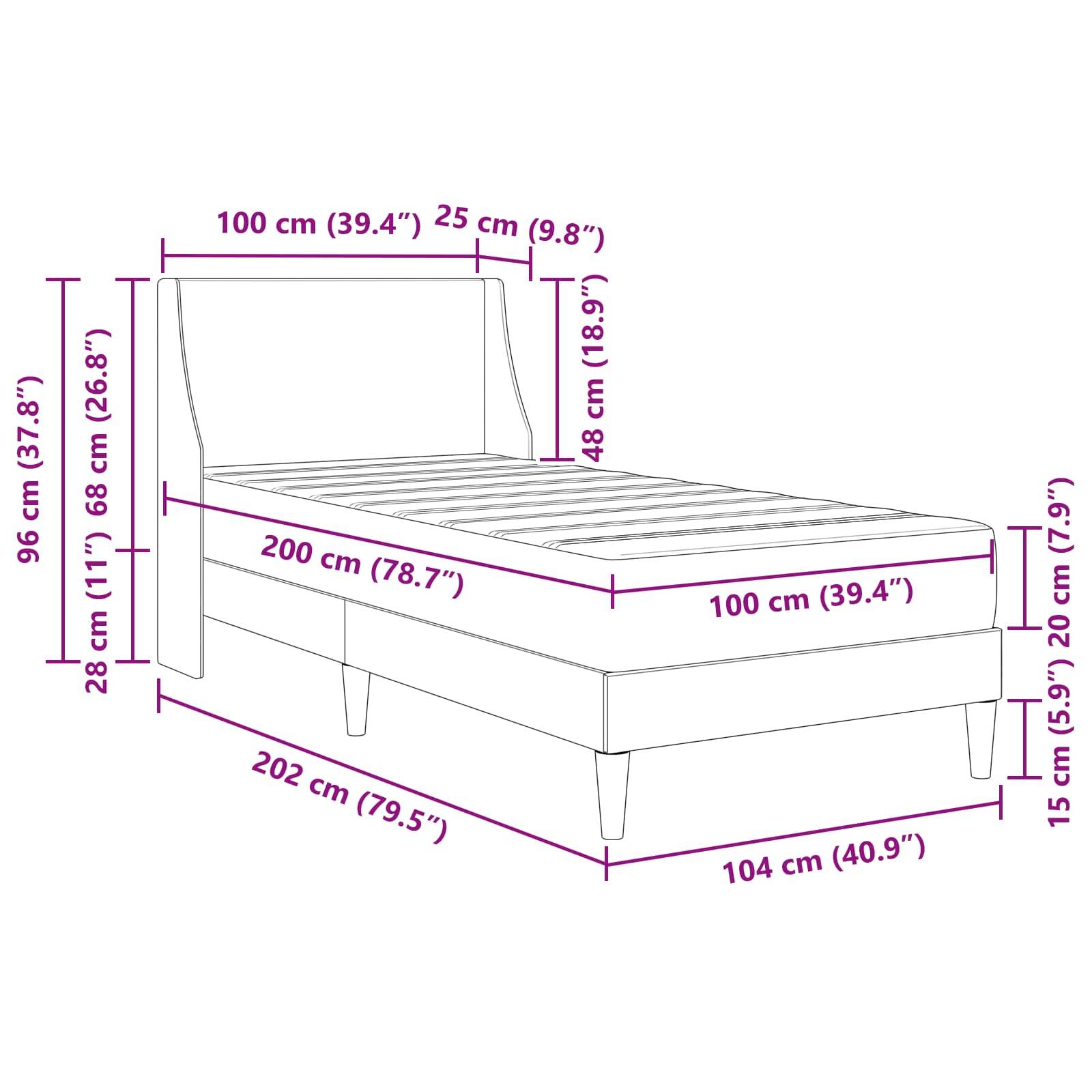 Diagramm eines Bettes mit Abmessungen: Länge 202 cm, Breite 104 cm, Höhe 96 cm. Matratzengröße 200 cm × 100 cm. Beine sind 15 cm hoch.