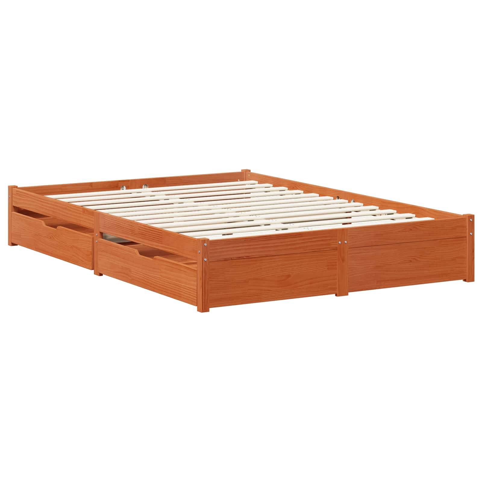 vidaXL Bettrahmen Mit Rad Wachsbraun 150 x 200 cm Massivholz Kiefer