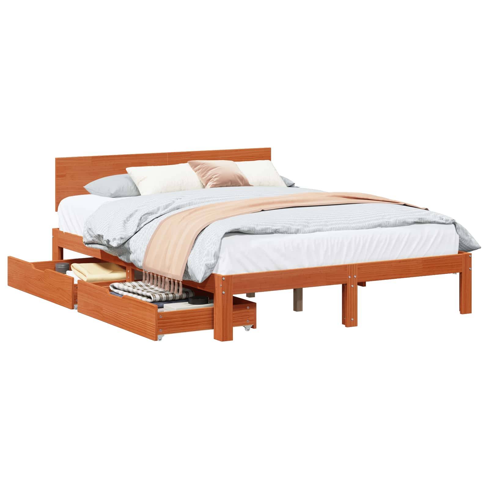 vidaXL Bettrahmen mit Kopfteil 3 pcs Wachsbraun Massivholz Kiefer