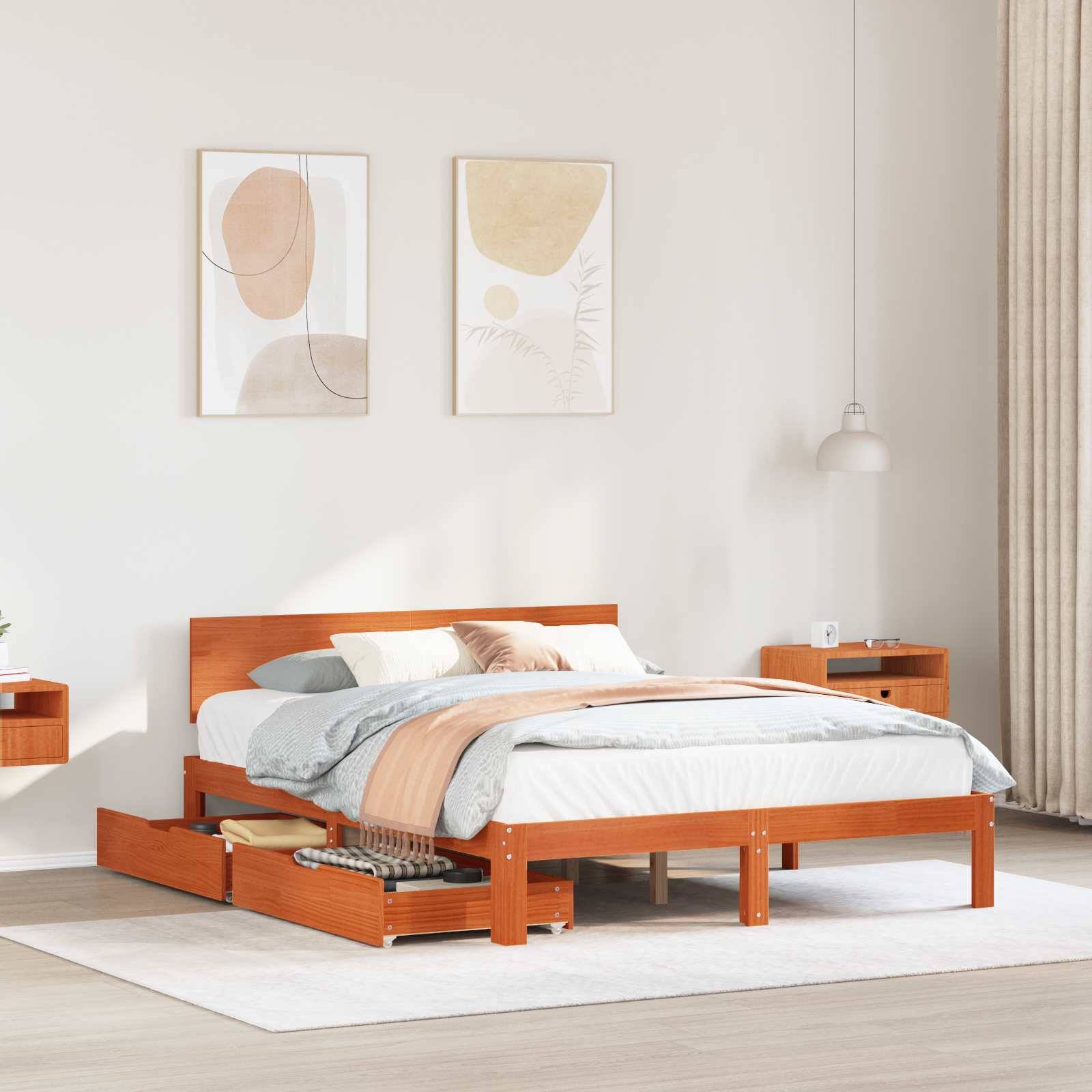 vidaXL Bettrahmen mit Kopfteil 3 pcs Wachsbraun Massivholz Kiefer