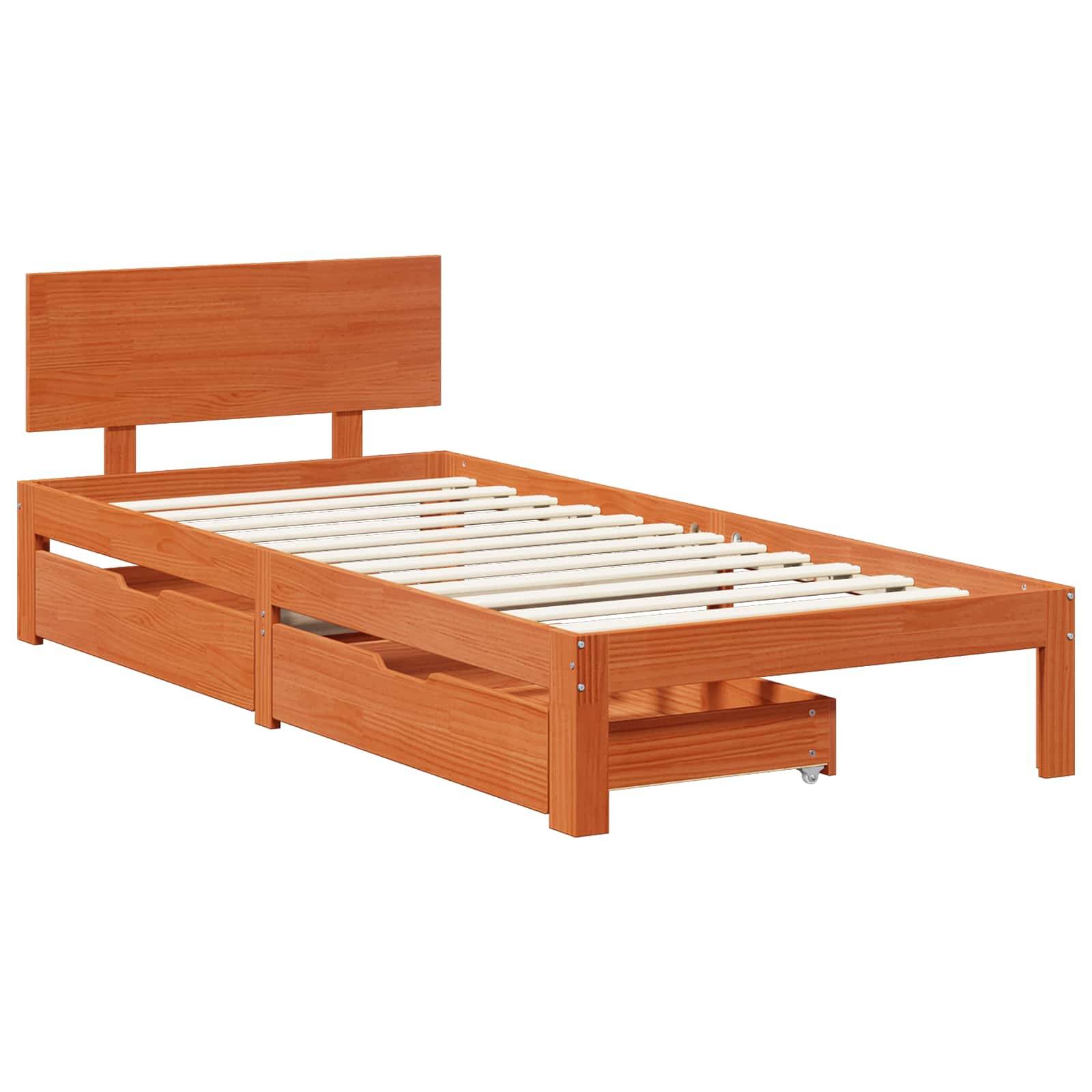 Ein Holzbettgestell mit einem einfachen Kopfteil und ohne Matratze. Es hat Latten zur Matratzenunterstützung und eine Schublade zur Aufbewahrung darunter.