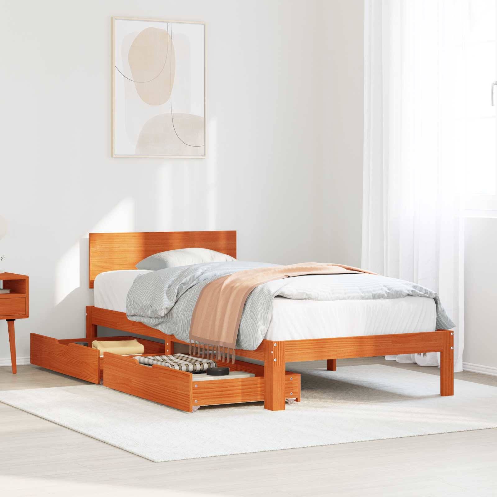 vidaXL Bettrahmen mit Kopfteil 3 pcs Wachsbraun Massivholz Kiefer