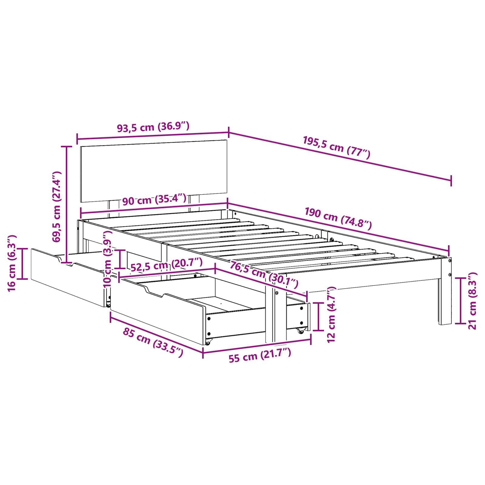 Bettrahmen-Schemazeichnung mit Abmessungen: Länge 195,5 cm, Breite 93,5 cm, Höhe 98,5 cm. Schubladenabmessungen: 52,5 cm breit, 76,5 cm tief, 16 cm hoch.