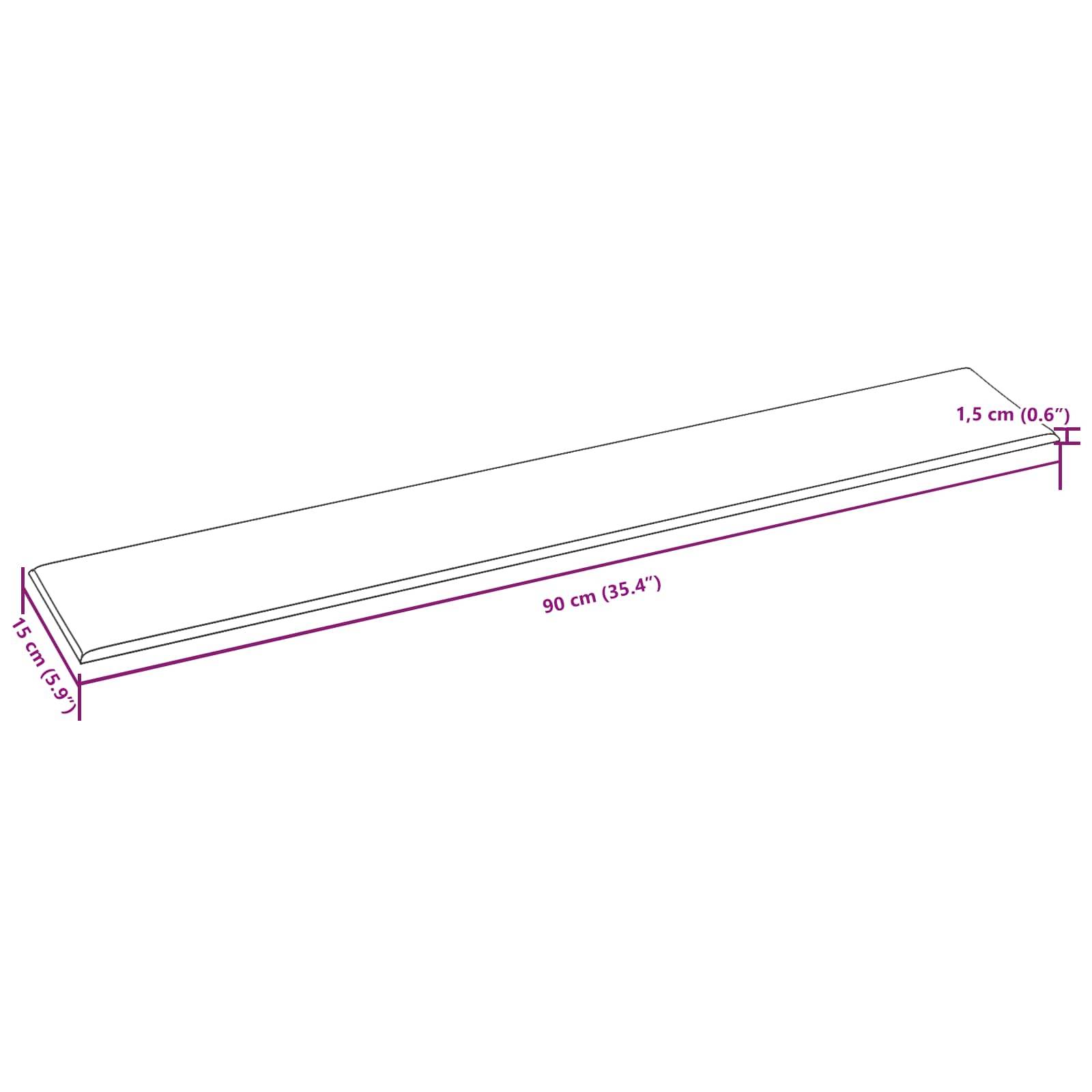 Ein rechteckiges Regal mit beschrifteten Abmessungen: Länge 90 cm (35,4 Zoll), Breite 15 cm (5,9 Zoll) und Dicke 1,5 cm (0,6 Zoll).