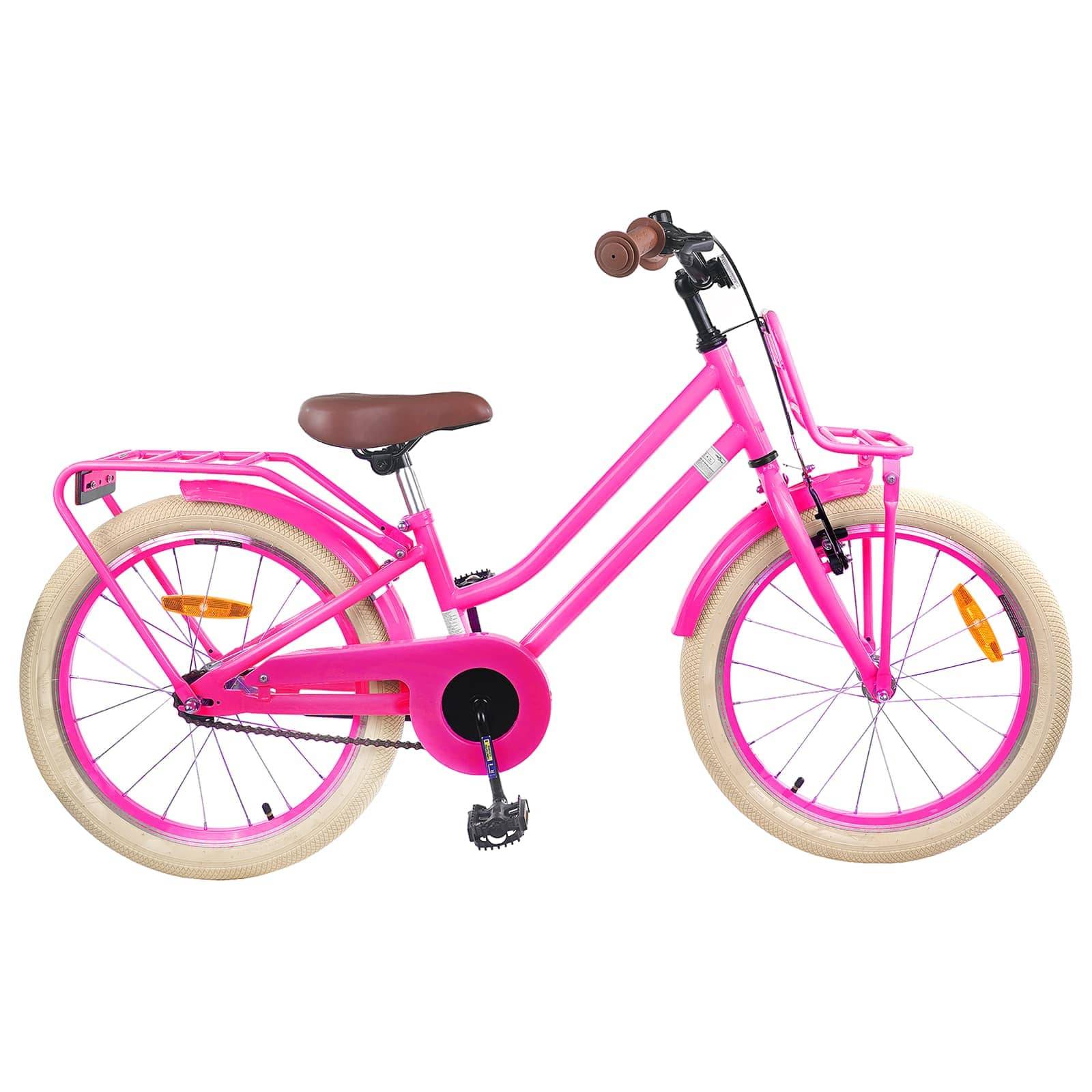 Ein rosa Kinderfahrrad mit tiefem Einstiegsrahmen, braunem Sattel und weißen Reifen, entwickelt für ein komfortables und unterhaltsames Fahrerlebnis.