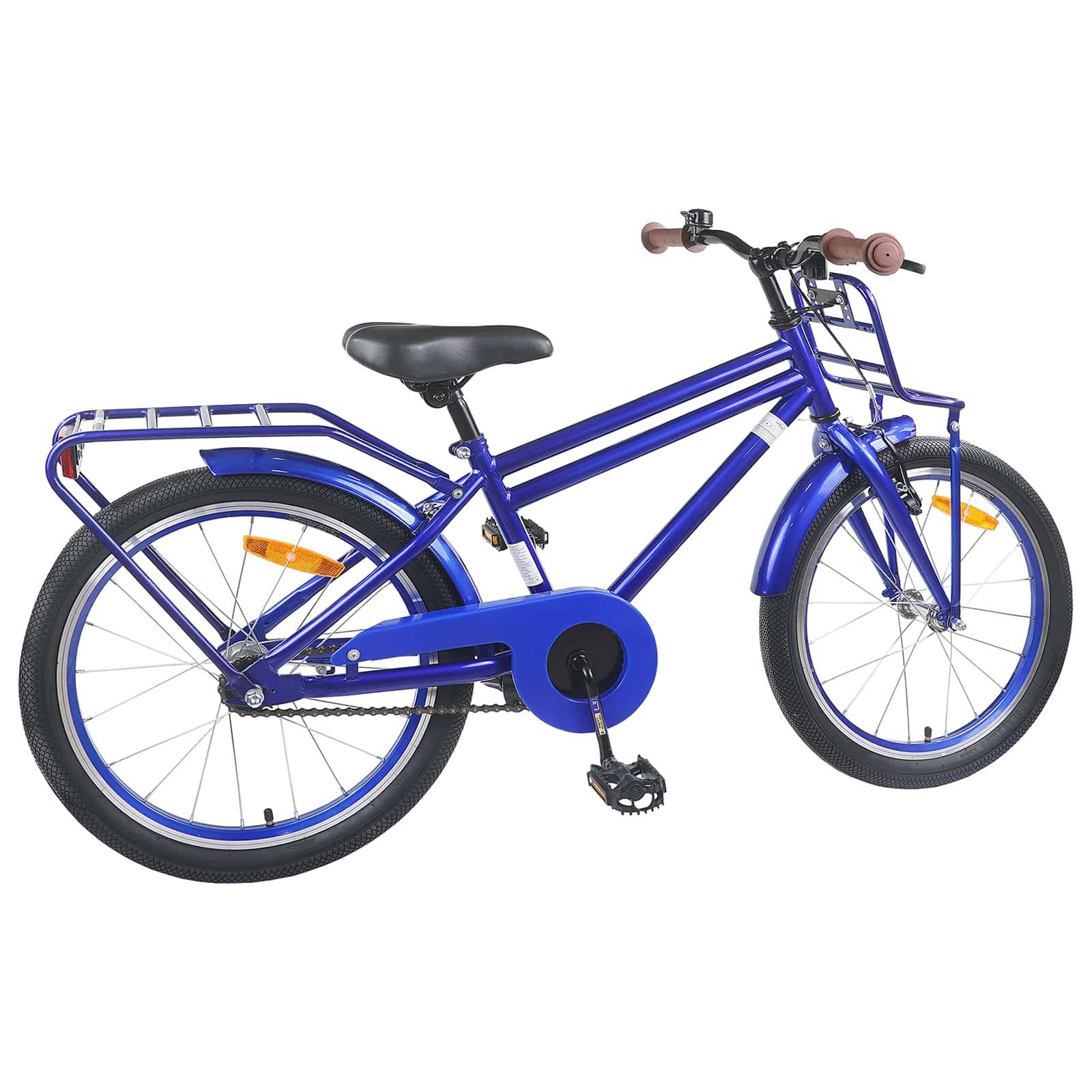 Ein blaues Kinderfahrrad mit Stützrädern, braunen Griffen und einem hinteren Gepäckträger, vor weißem Hintergrund dargestellt.