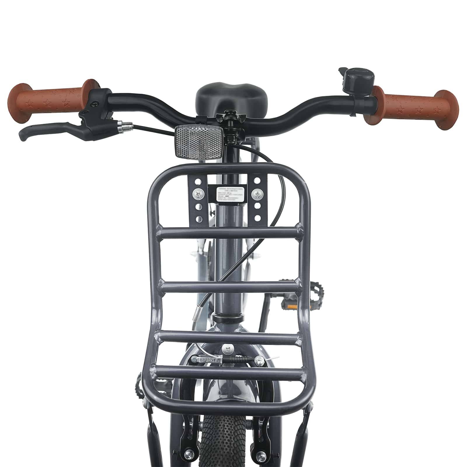 Vorderansicht eines Fahrradlenkers und Korbs mit braunen Griffen und schwarzem Metallrahmen. Die Ausrüstung ist schlicht und funktional.