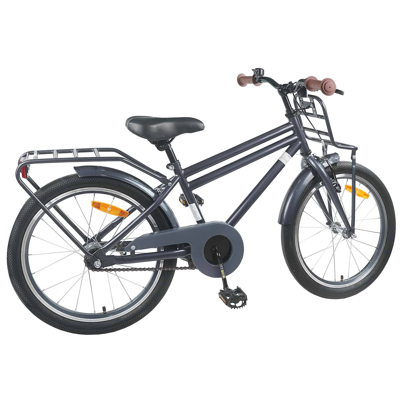 Ein schwarzes Fahrrad mit robustem Rahmen, Gepäckträger hinten und braunen Griffen am Lenker, entworfen für das Pendeln in der Stadt.