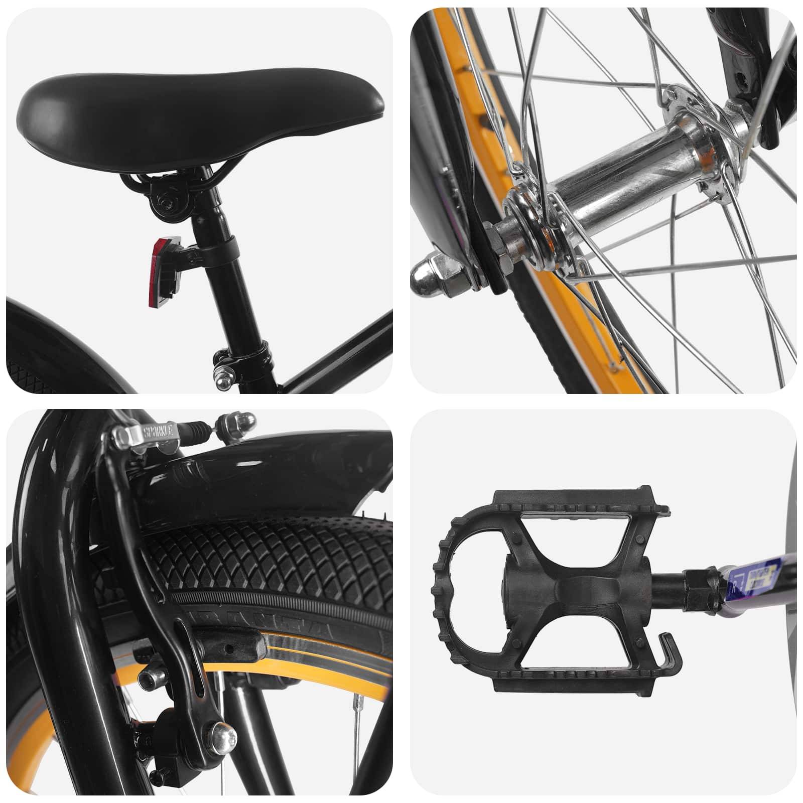 „Vier Fahrradteile: oben links zeigt Sattel und Rückstrahler, oben rechts zeigt Nabe, unten links zeigt Reifen und Bremse, unten rechts zeigt Pedal.