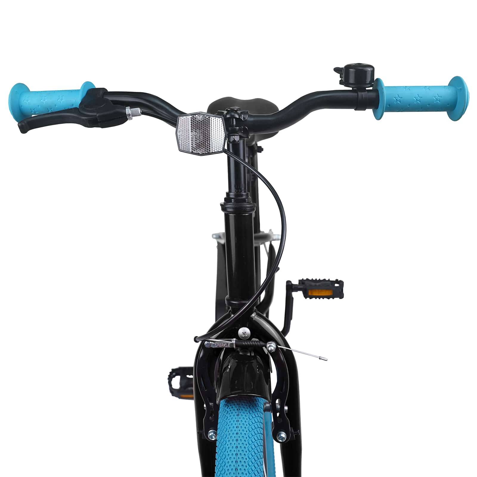 Vorderansicht eines Fahrradlenkers mit blauen Griffen, der befestigte Bremshebel, eine Klingel und gebogene Lenker zeigt und die Einfachheit hervorhebt.