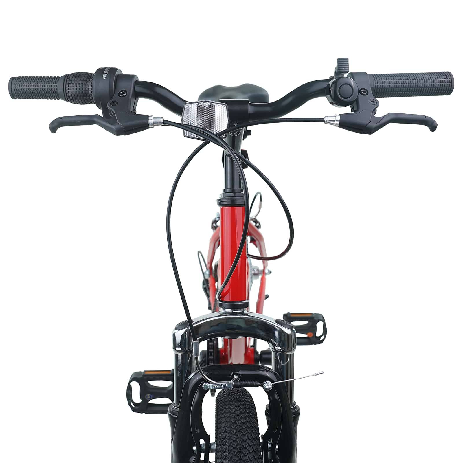 Vorderansicht eines Fahrradlenkers mit Griffen, Bremshebeln und einem roten Rahmen mit einem schwarzen Rad.