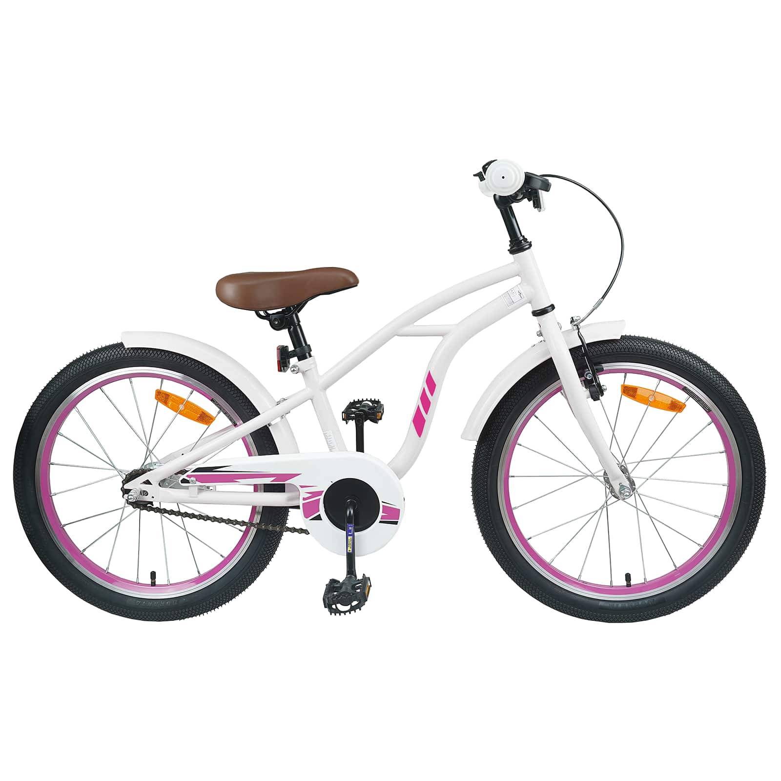 Ein weißes Kinderfahrrad mit rosa Akzenten, braunem Sattel und Stützrädern, entworfen für kleine Anfänger.