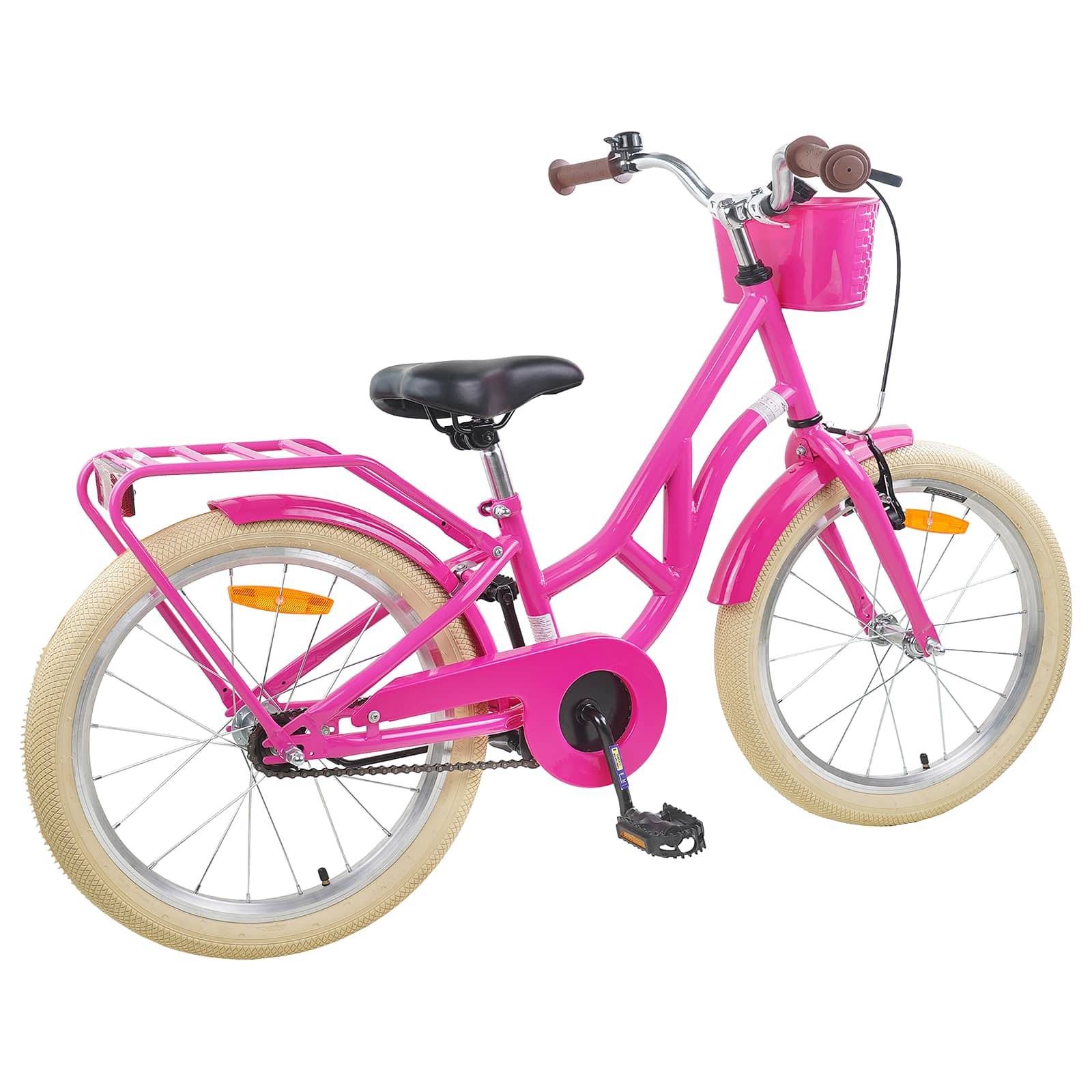 Ein rosa Fahrrad mit beigen Reifen, einem Korb an der Vorderseite und einem hinteren Gepäckträger, entworfen für entspanntes Fahren.