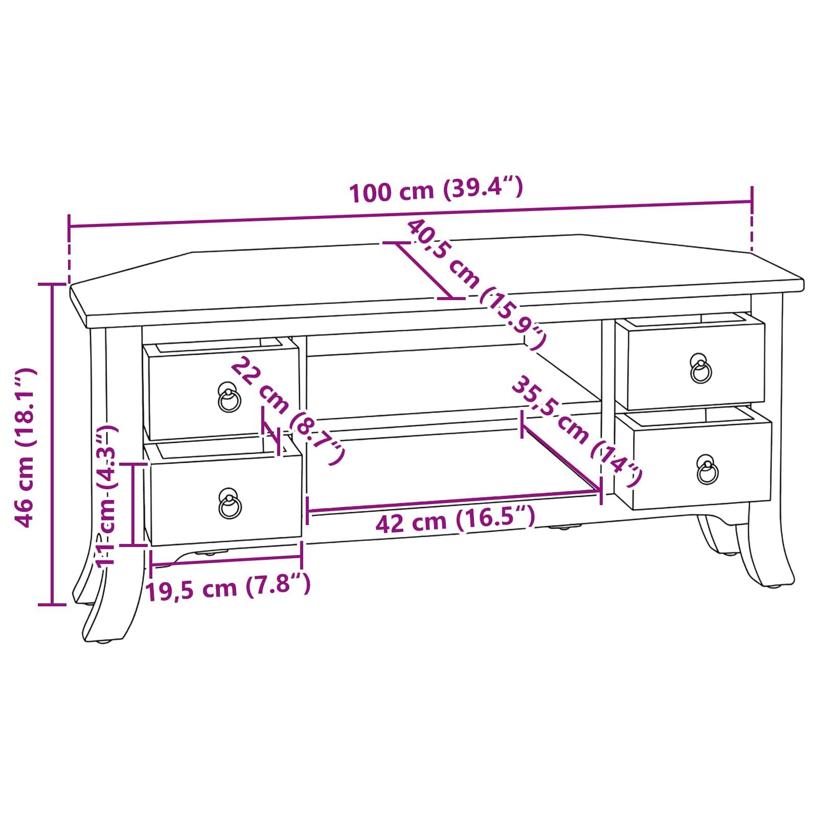 Eckfernsehtisch Abmessungen: 100 cm breit, 46 cm hoch. Regal: 42 cm breit, 40,5 cm tief. Schubladen: 19,5 cm breit, 22 cm hoch, 40,5 cm tief.
