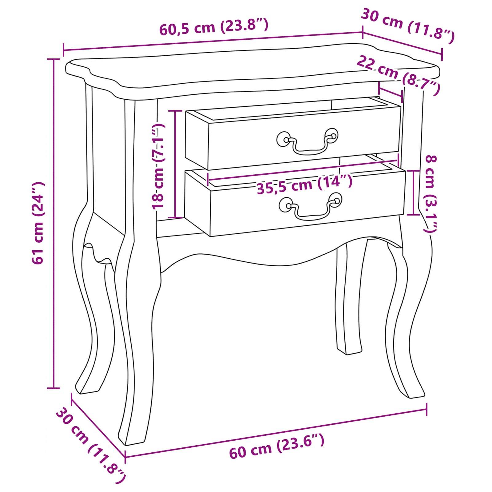 Eine Strichzeichnung eines kleinen Tisches mit zwei Schubladen, die Abmessungen zeigt: Höhe 61 cm, Breite 60,5 cm und Tiefe 30 cm.