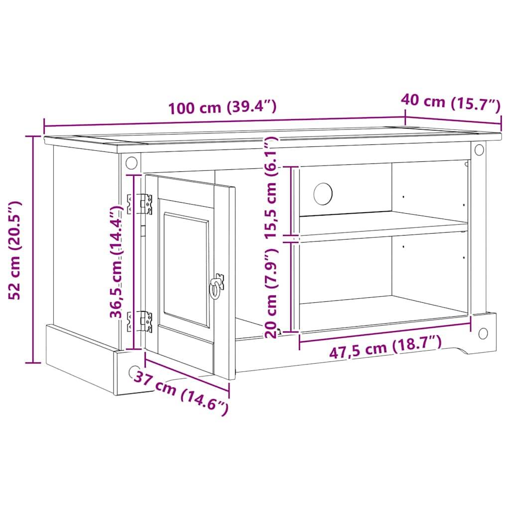 Eine technische Zeichnung eines Schranks mit Abmessungen: Breite 100 cm (39,4