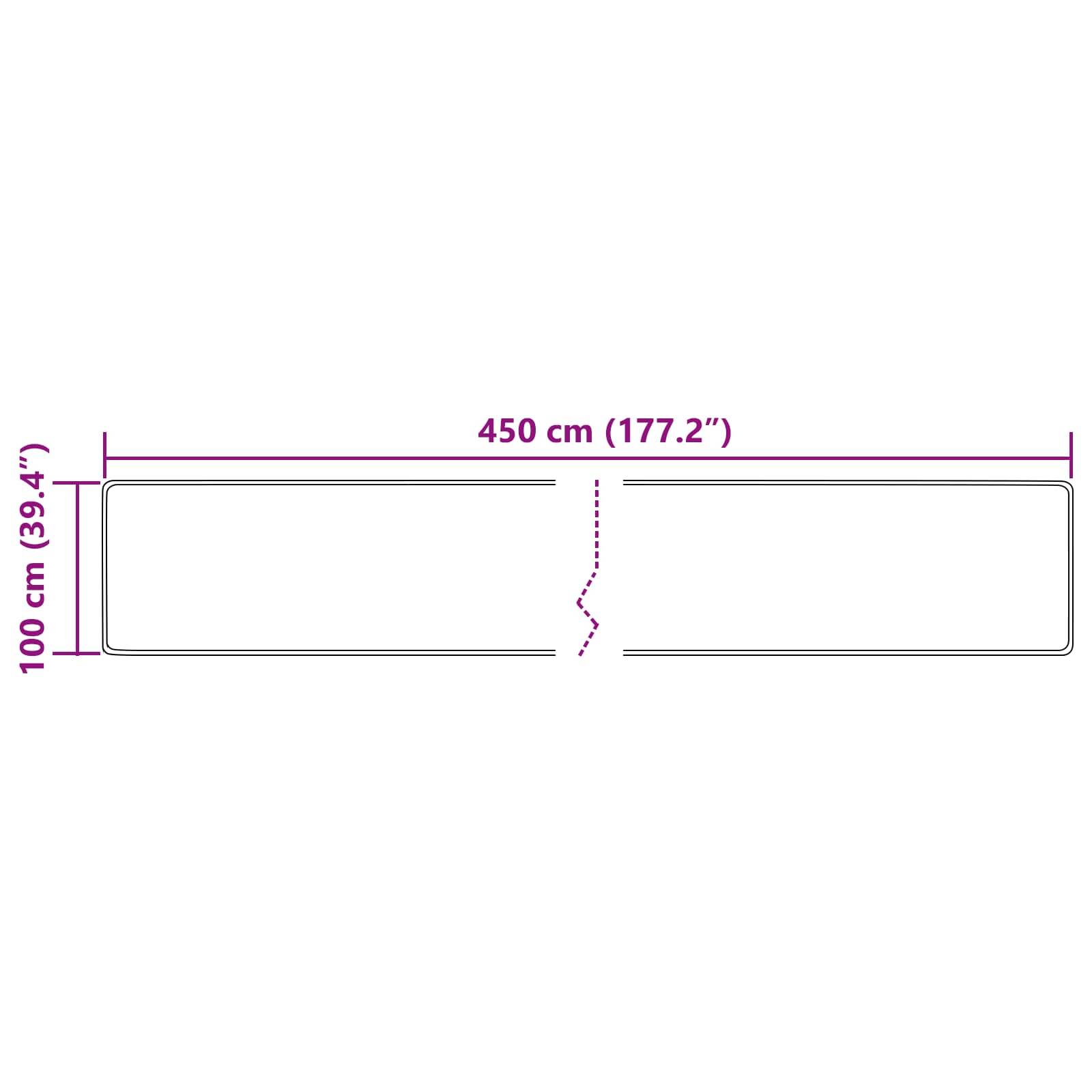 Das Bild zeigt die Abmessungen eines rechteckigen Objekts: 450 cm (177,2 Zoll) Länge und 100 cm (39,4 Zoll) Höhe.