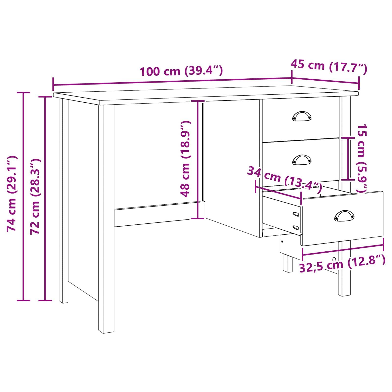vidaXL Schreibtisch mit Schubladen HILL Honigbraun 100 x 45 x 74 cm
