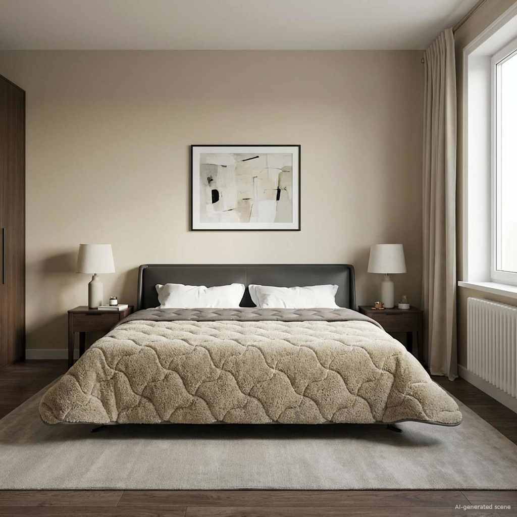 Ein modernes Schlafzimmer mit beigem Teppich, Doppelbett mit cremefarbener Bettdecke, hölzernen Nachttischen und zwei botanischen Drucken über dem Bett.