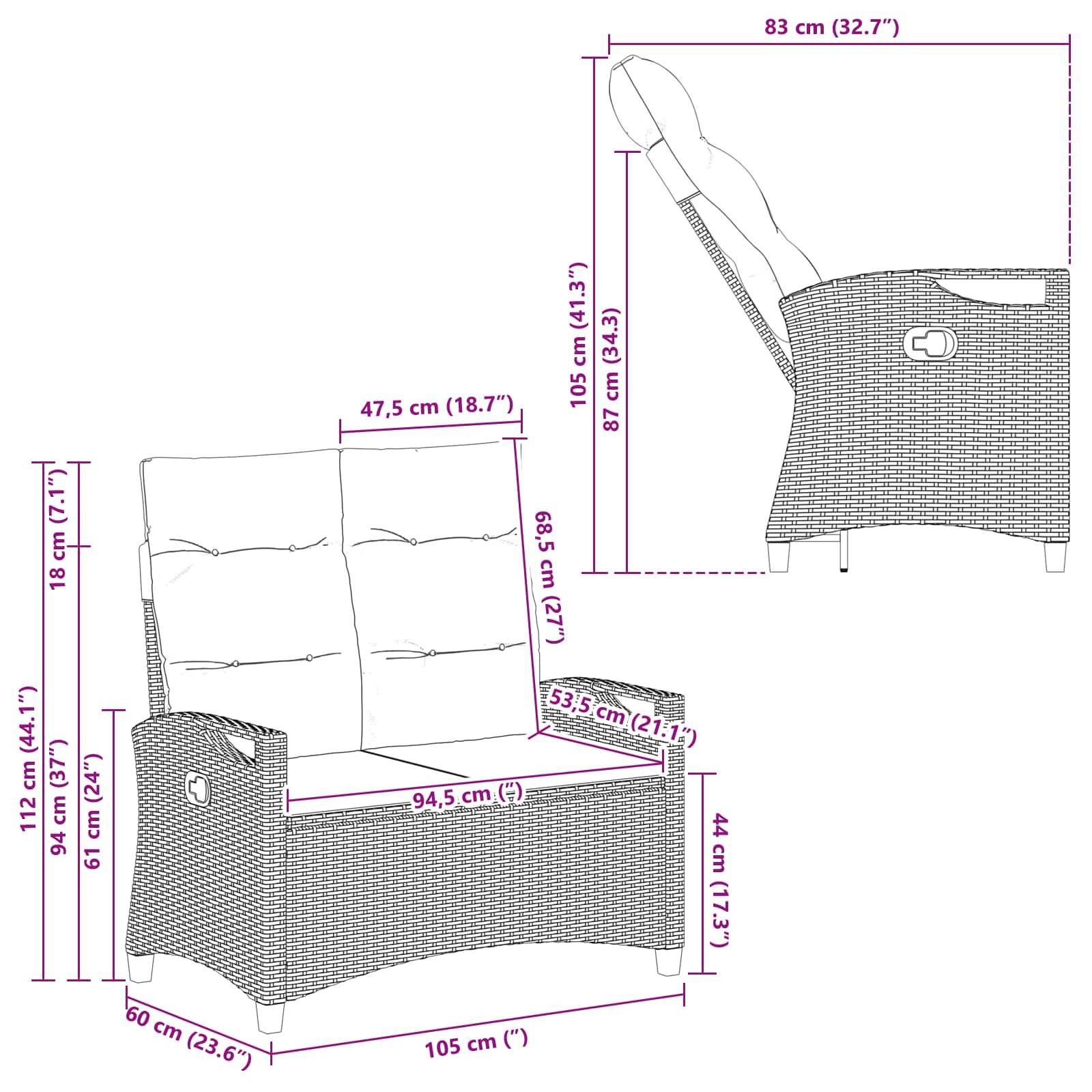 vidaXL Gartenbank mit Kissen 105 x 60 x 112 cm Stahl